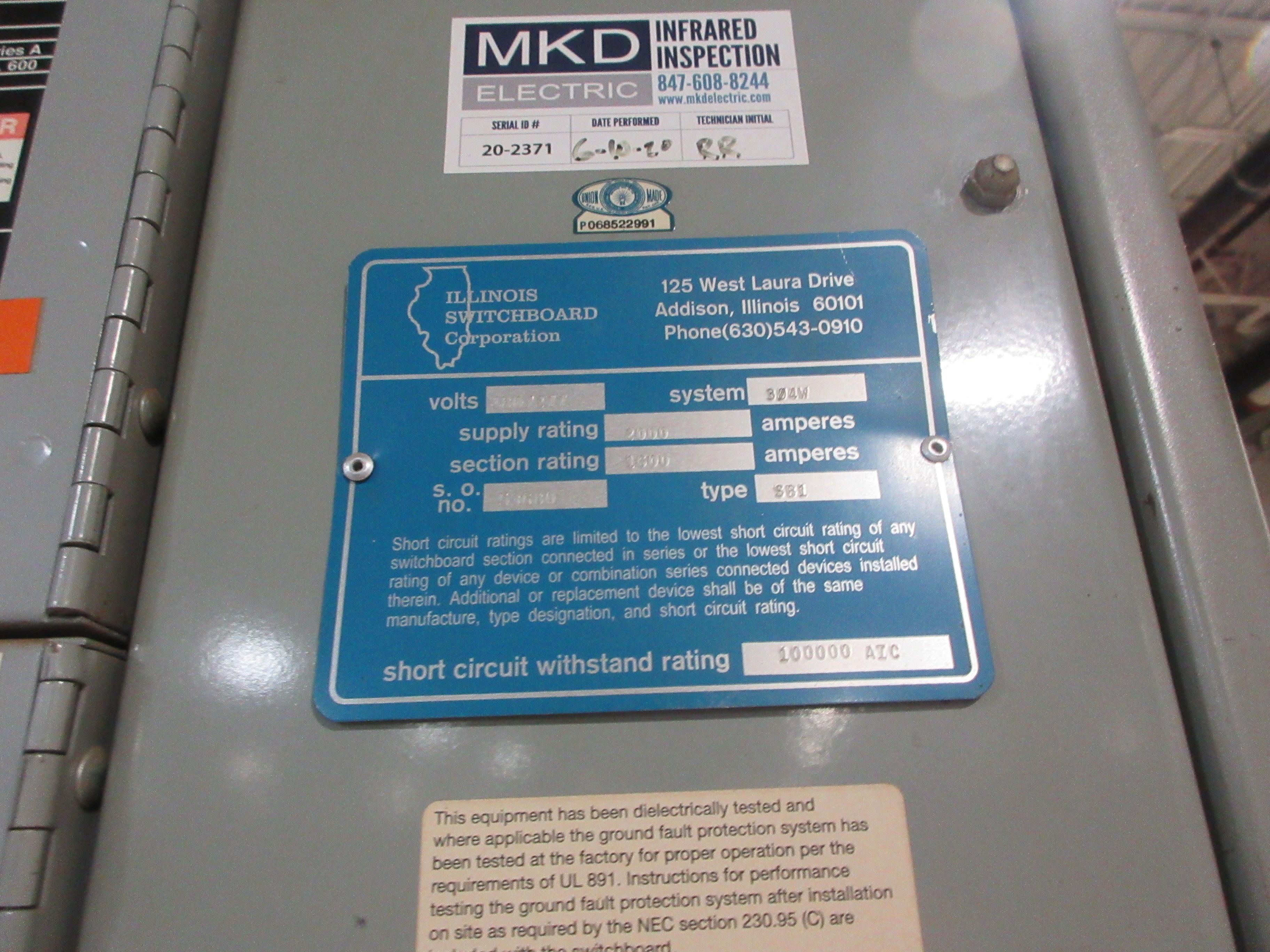 Illinois Switchboard 2000A Switchgear Lineup SB1 2000A Switch 480/277V 3Ph Used