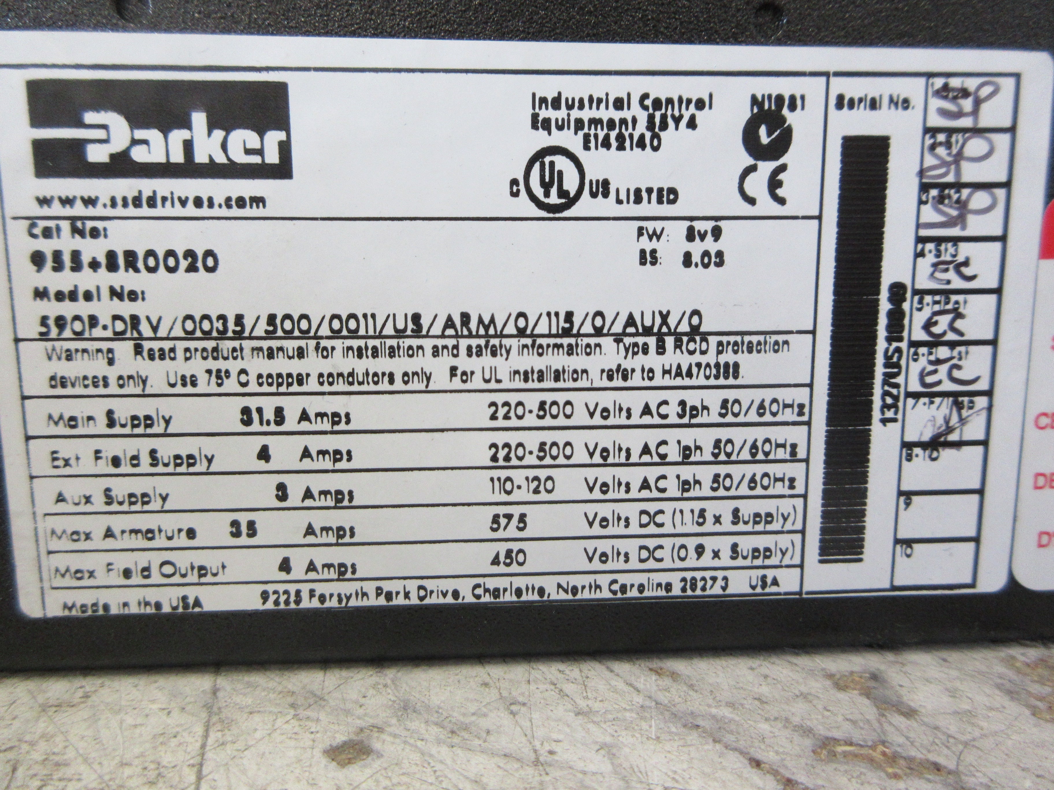 Parker DC 590+Series 2 Integrator DC Drive 955+8R0020 FW: 8V9 BS: 8.03 20HP Used