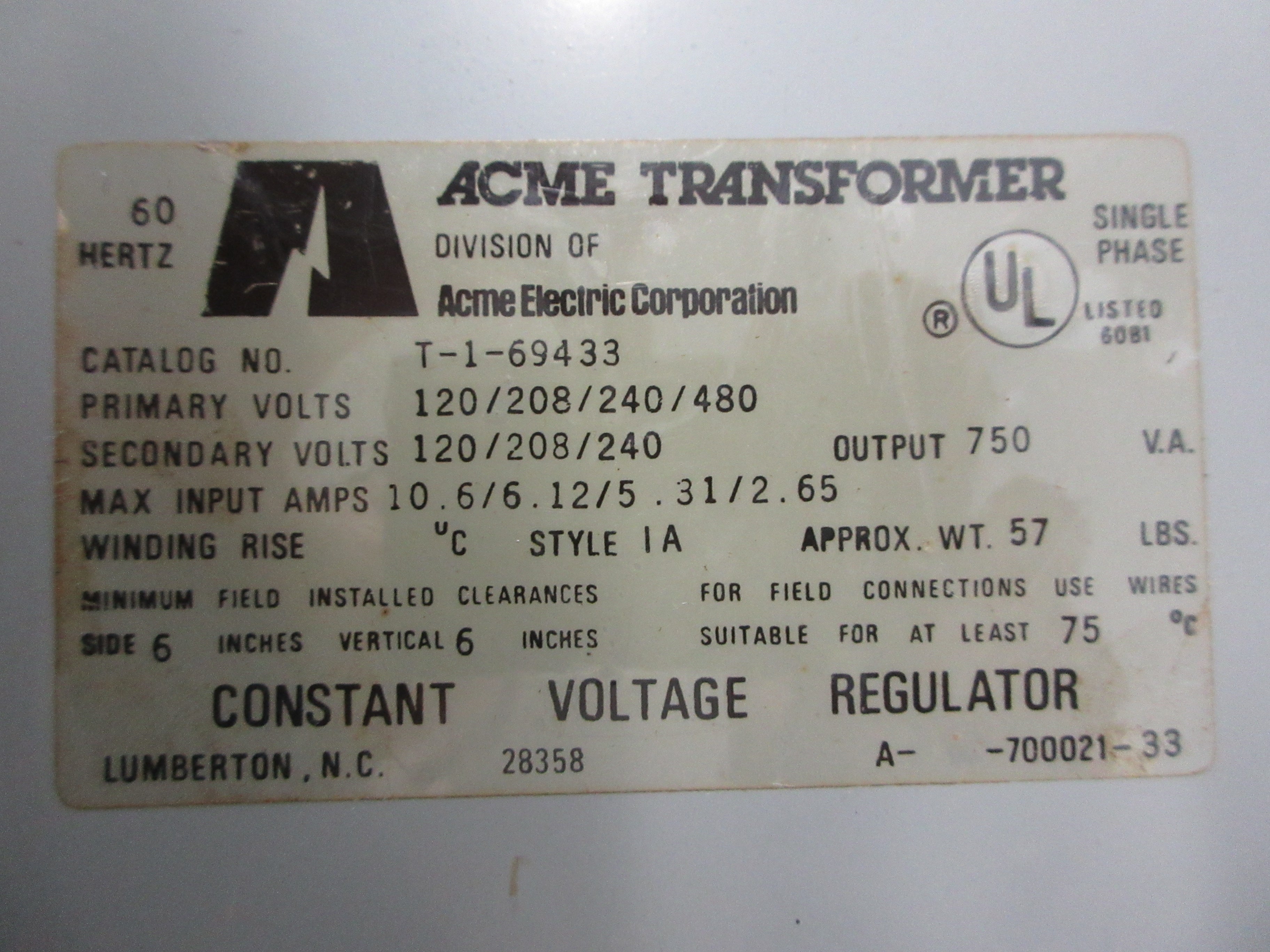 Acme Transformer Constant Voltage Regulator T-1-69433 750VA Used