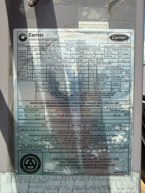 Carrier 48ZA Rooftop Unit 48ZAH055A-K 55 TON 460V 3Ph MFD: 2003 Used
