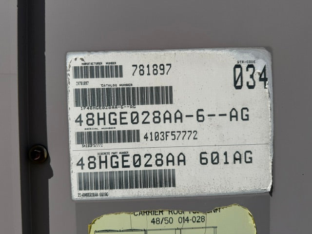 Carrier 48HGE Rooftop Unit 48HGE028AA-6--AG 25 Tons 460V 3Ph Used