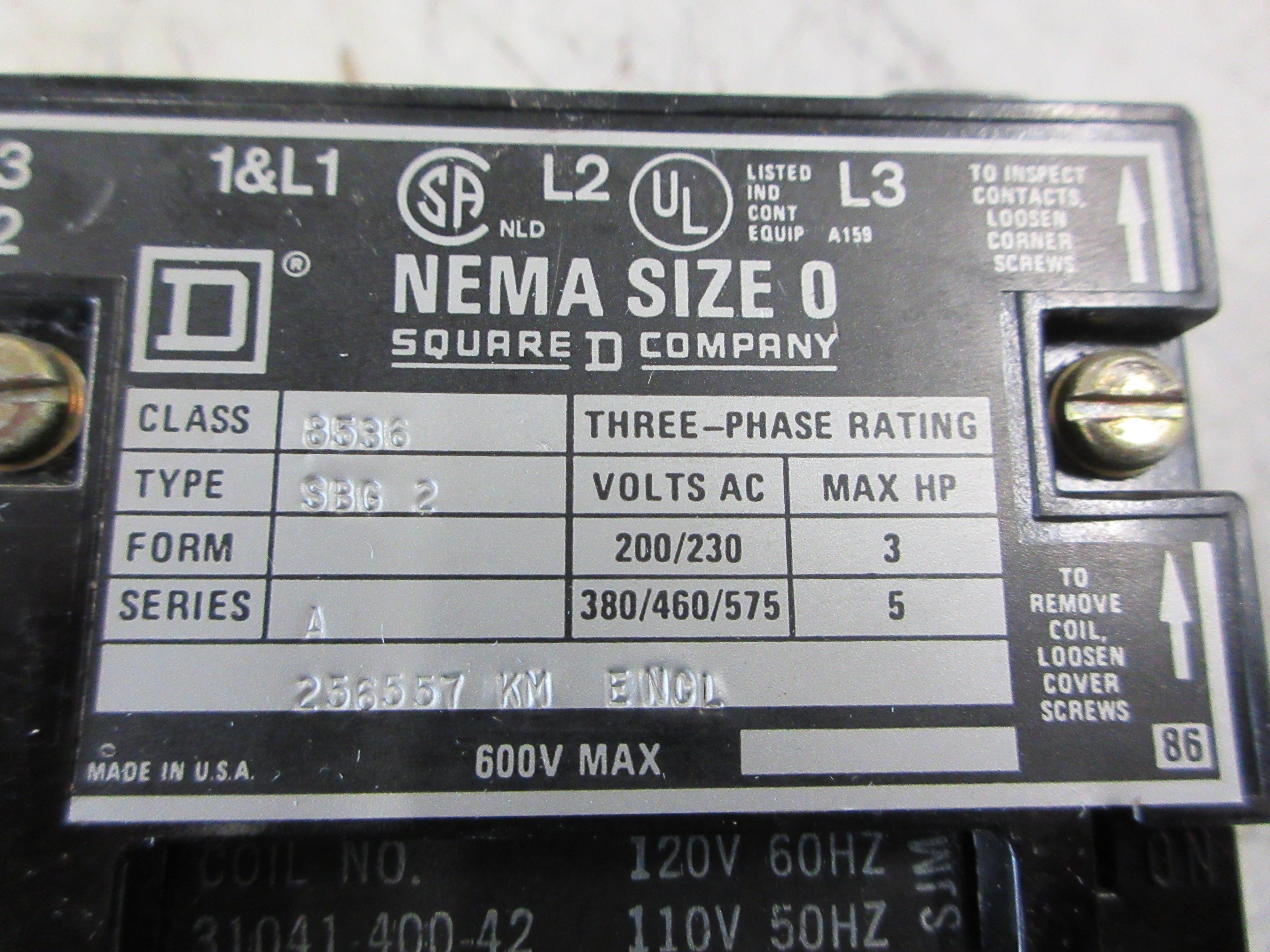 Square D Size 0 Starter 8536 SBG2 Ser. A 120V Coil Used