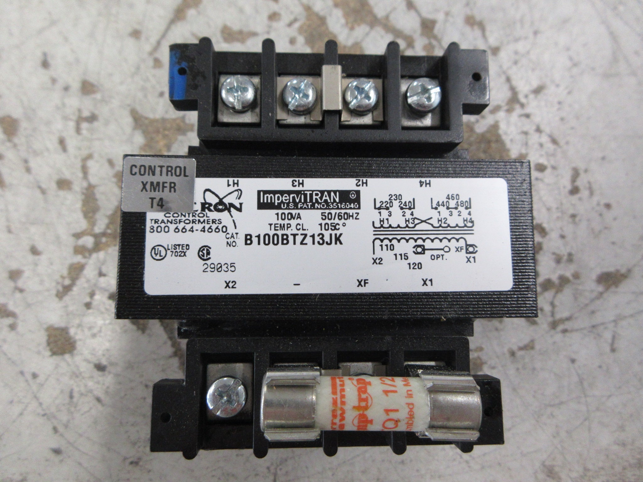 Micron ImperviTRAN Control Transformer B100BTZ13JK 100VA Pri: 240/480V Used