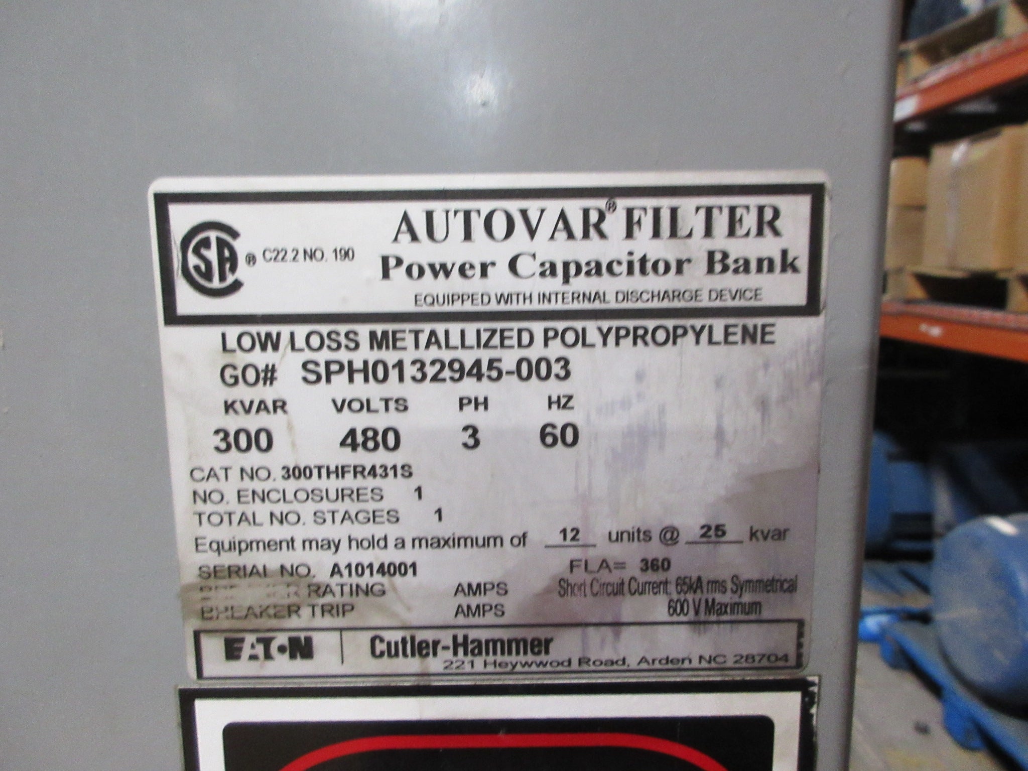 Eaton Autovar Filter Power Capacitor Bank 300THFR431S 300KVAR 480V 3Ph 60Hz Used