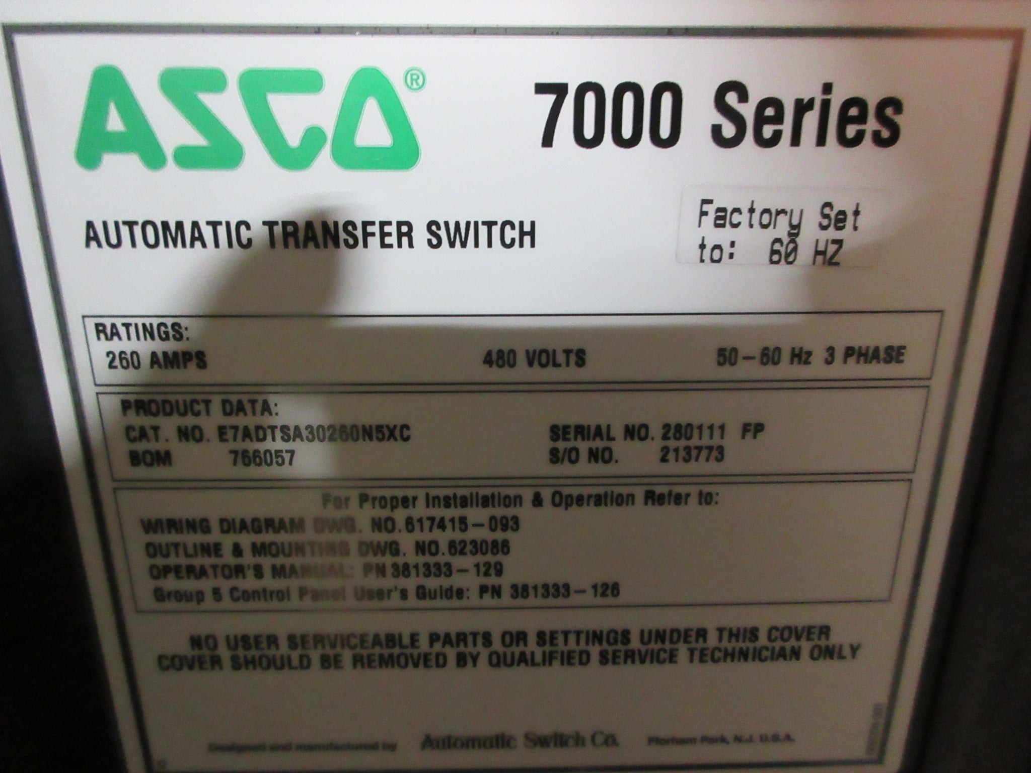 Asco 7000 Series Automatic Transfer Switch w/Bypass E7ADTSA30260N5XC 260A Used
