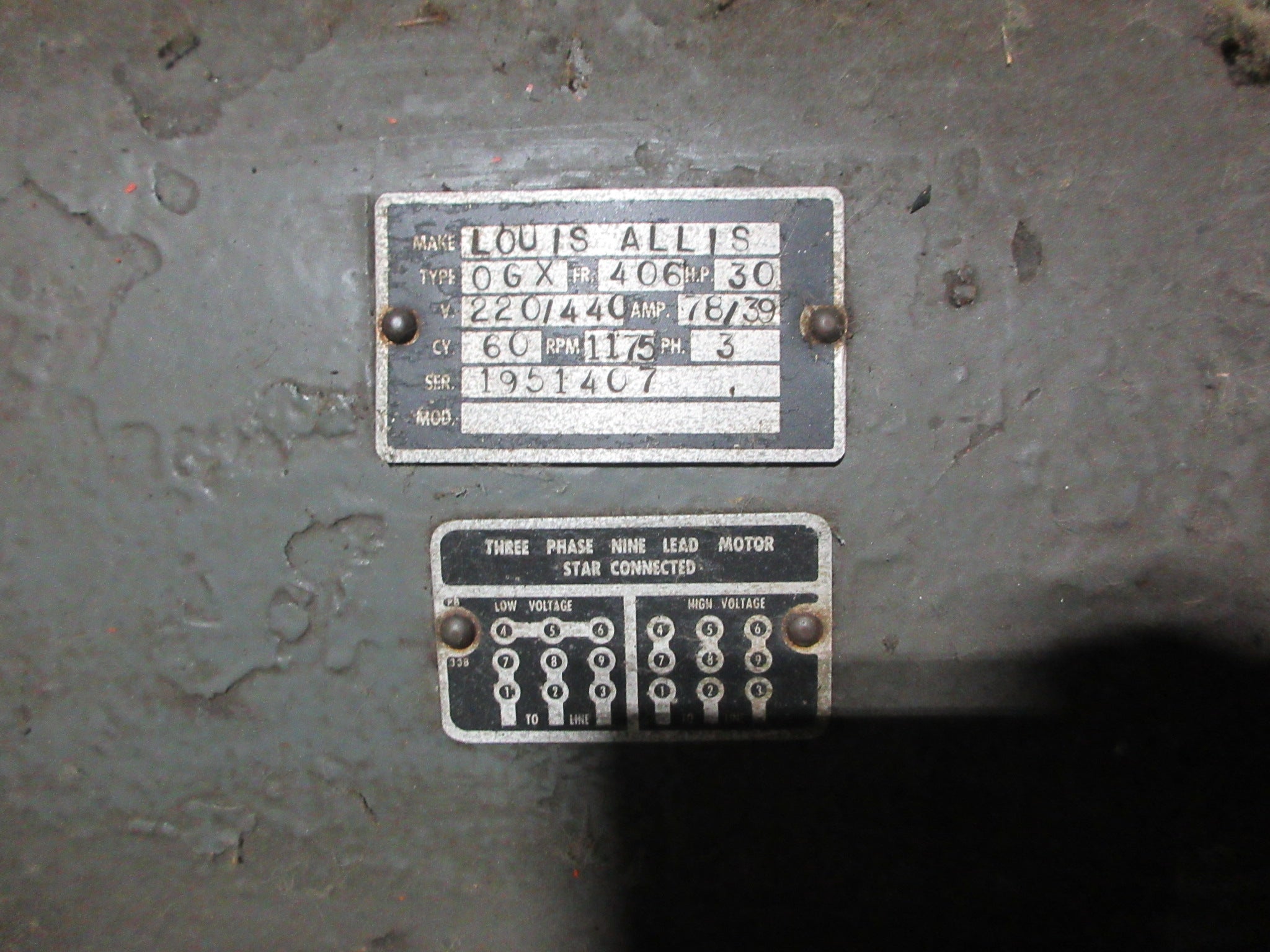 Louis Allis Motor OGX 30HP 220/440V 1175RPM 3Ph 78/39A Frame: 406 Used