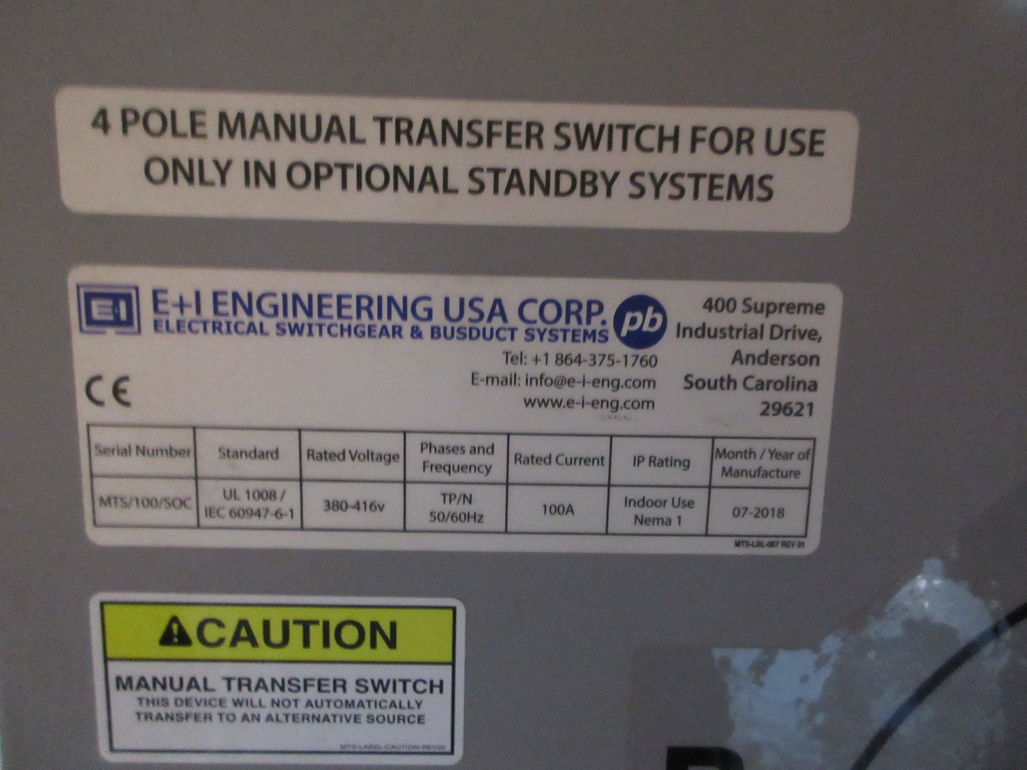 E+I Engineering Manual Transfer Switch MTS/100/SOC 100A 380-416V 50/60Hz Used