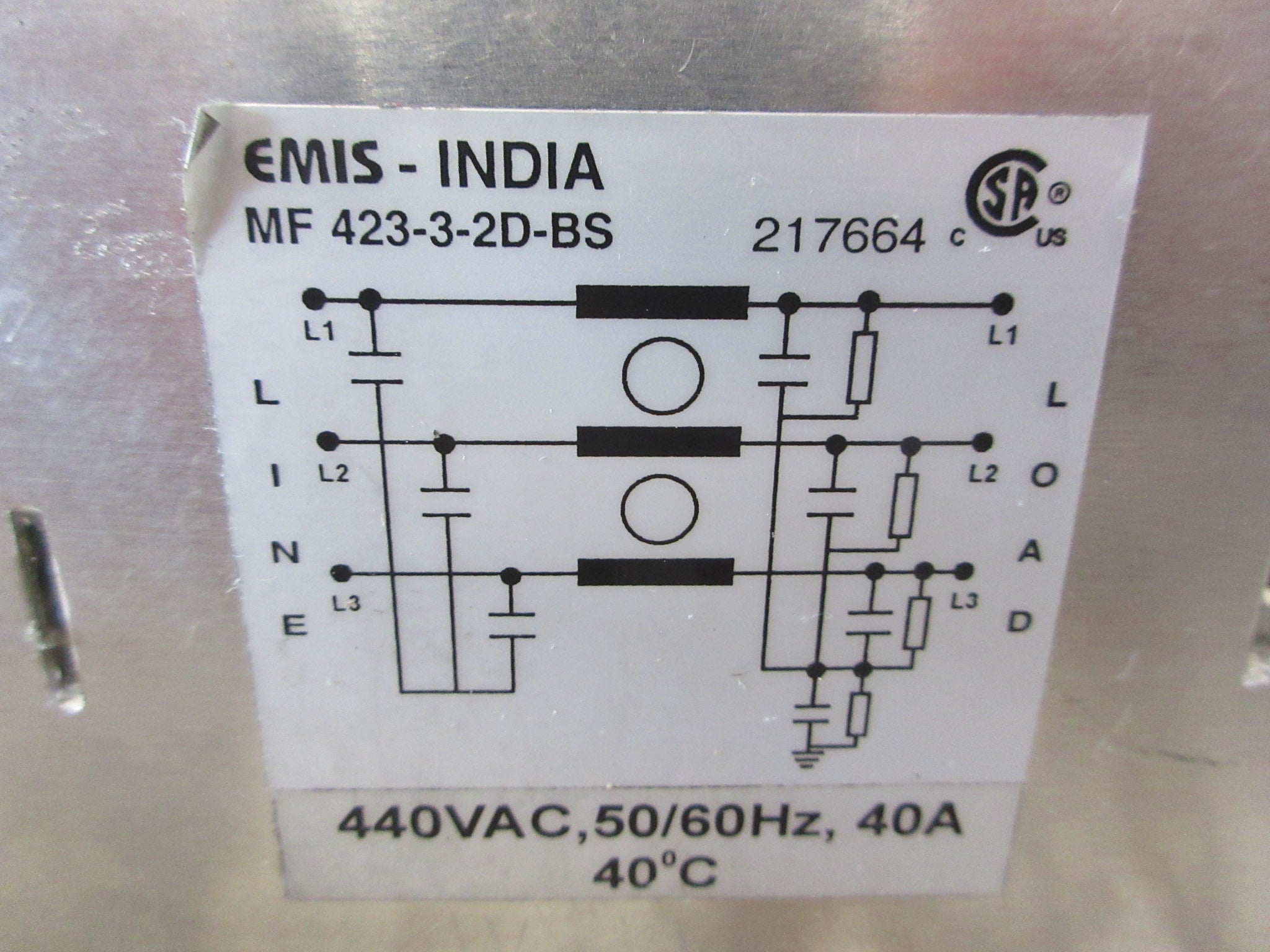 EMIS EMI Filter MF 423-3-2D-BS 440V 50/60Hz 40A Used