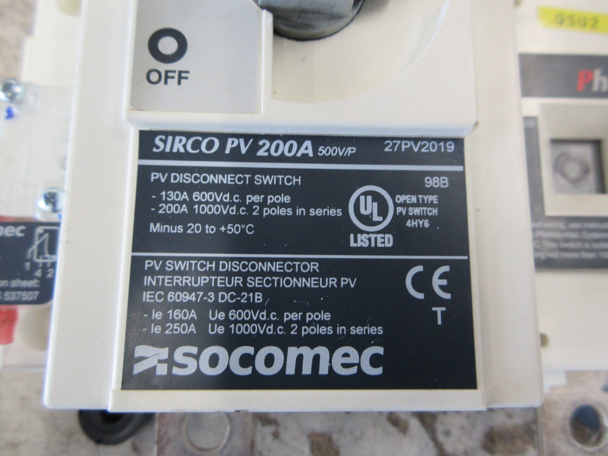 Socomec Sirco PV Disconnect Switch 27PV2019 200A 1000VDC 2P Used