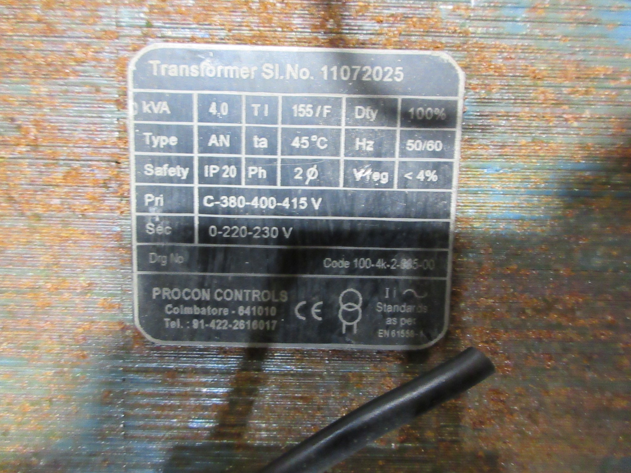 Procon Controls Transformer 100-4K-885-00 4KVA Pri: 380/400/415V Used