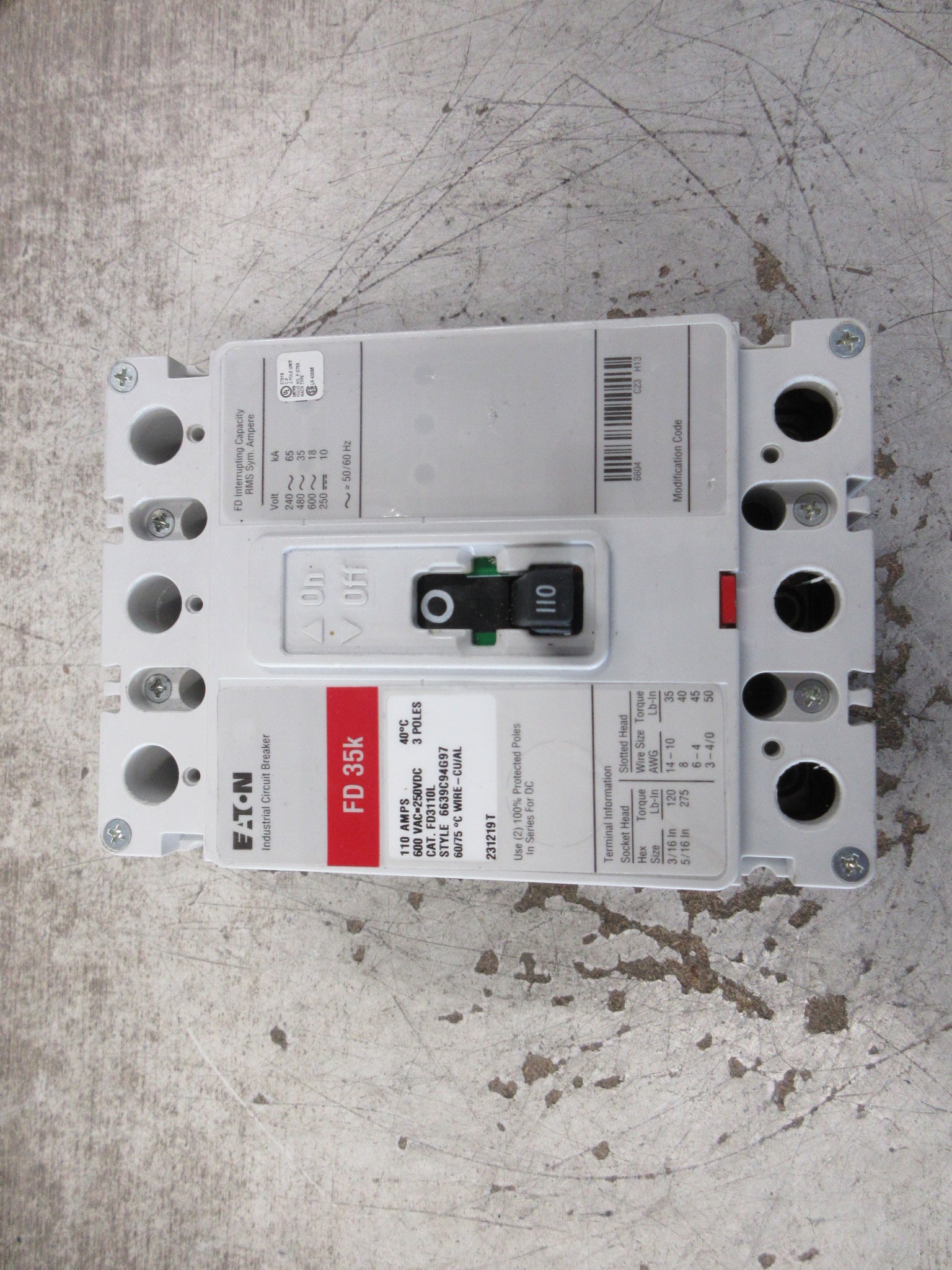 Eaton FD 35K Circuit Breaker FD3110L Style: 6639C94G97 110A 600V 3P Used