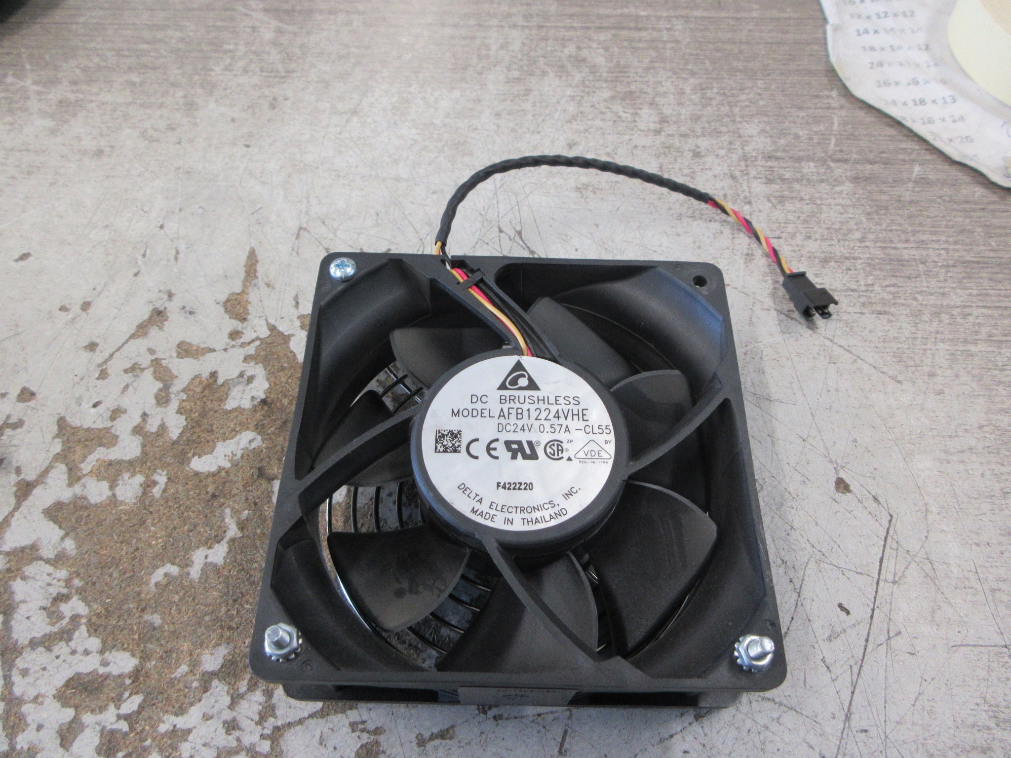 Delta Axial Fan AFB1224VHE 24VDC 0.57A W/Grille (3) Screws Used