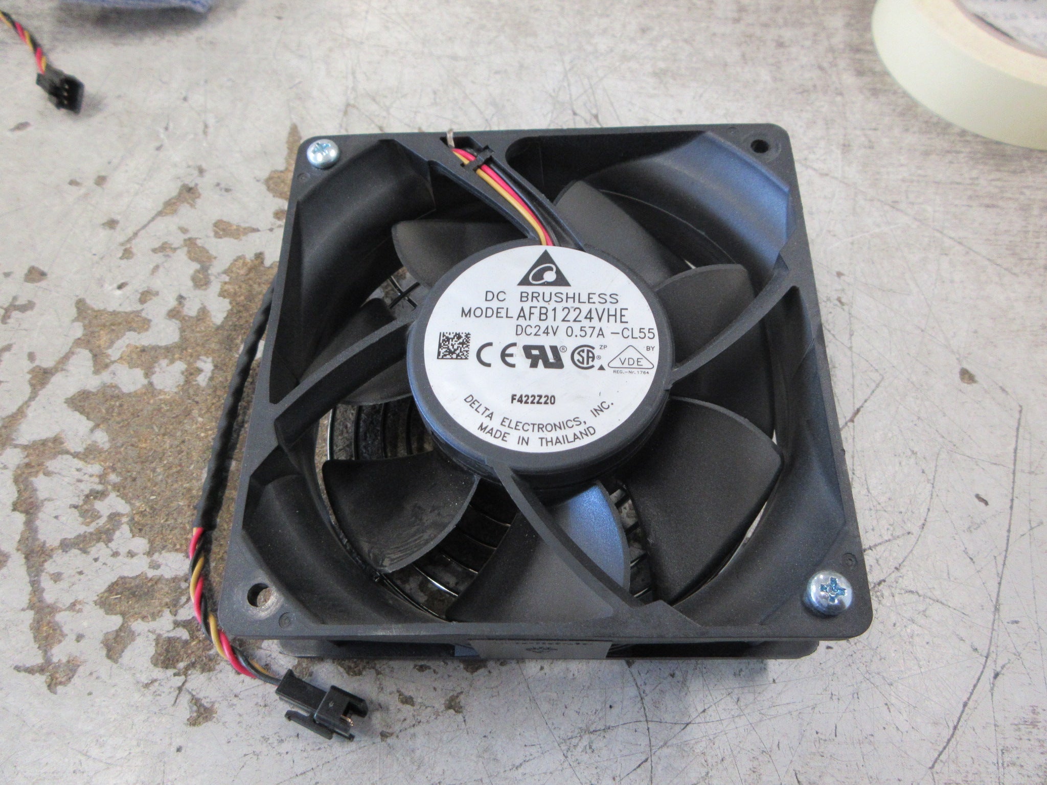 Delta Axial Fan AFB1224VHE 24VDC 0.57A W/Grille (2) Screws Used