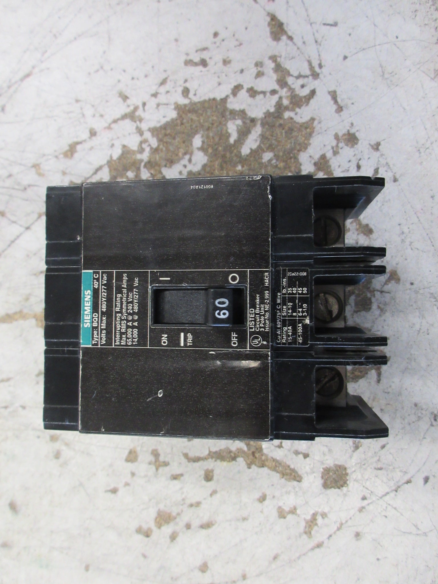 Siemens Bolt-On Circuit Breaker BQD360 60A 480Y/277V 3P Used