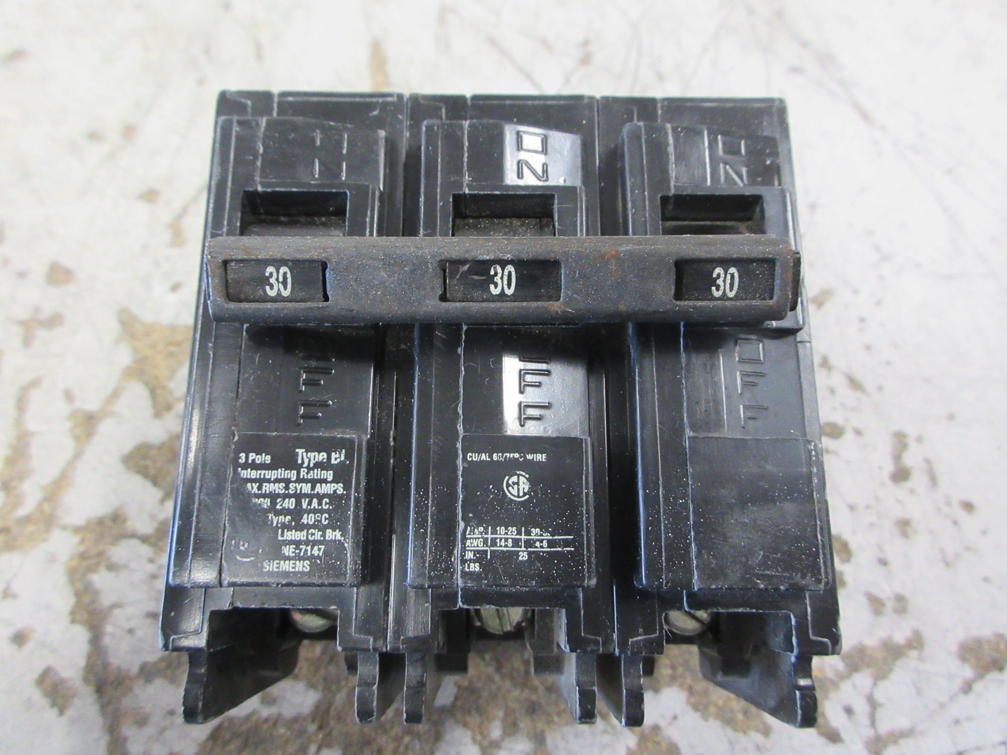Siemens Type BL Bolt-On Circuit Breaker B330 30A 240V 3P Used