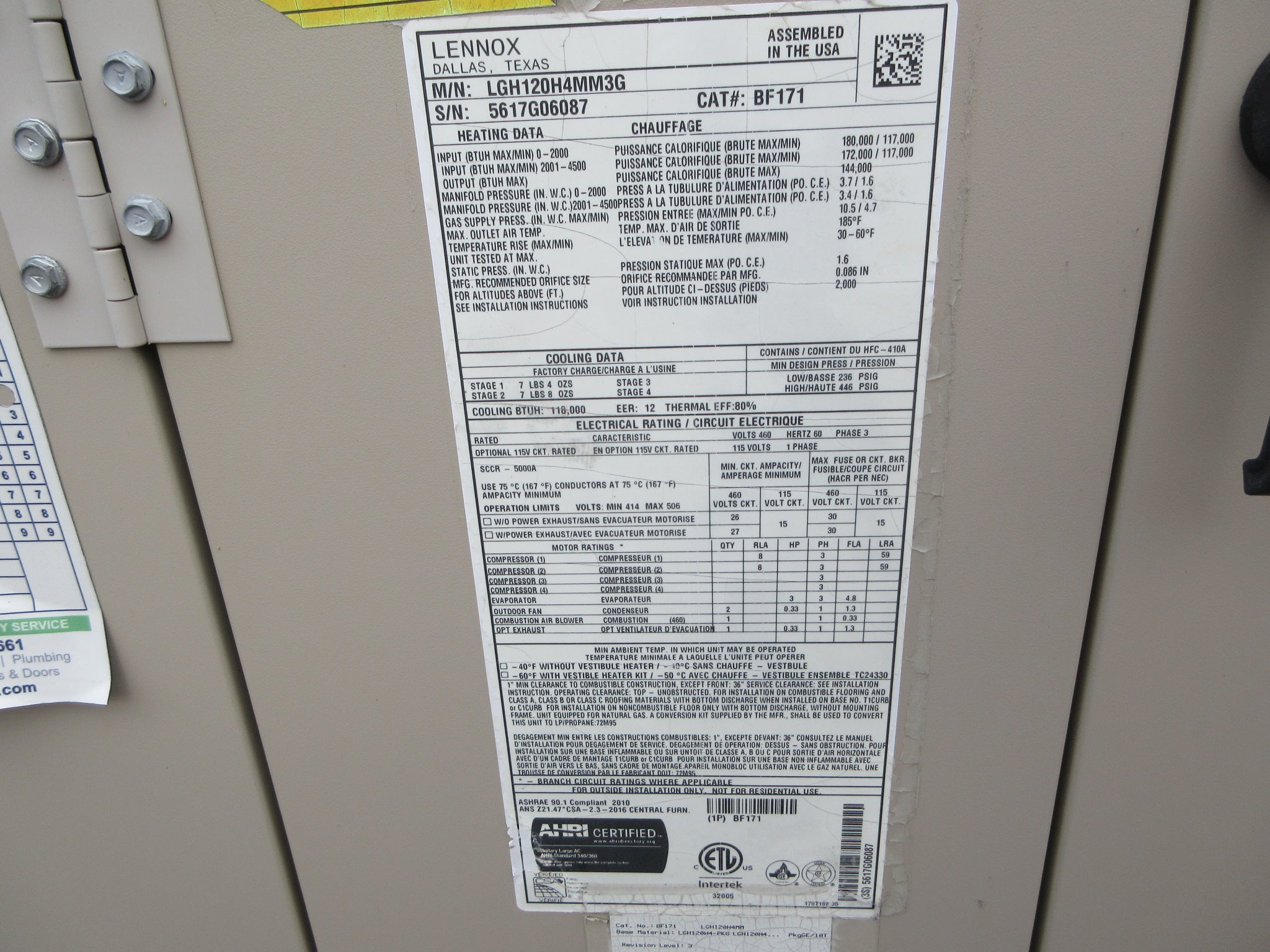 Lennox LGH Rooftop Unit LGH120H4MM3G 10-ton 460V 3Ph Natural Gas Heat Used