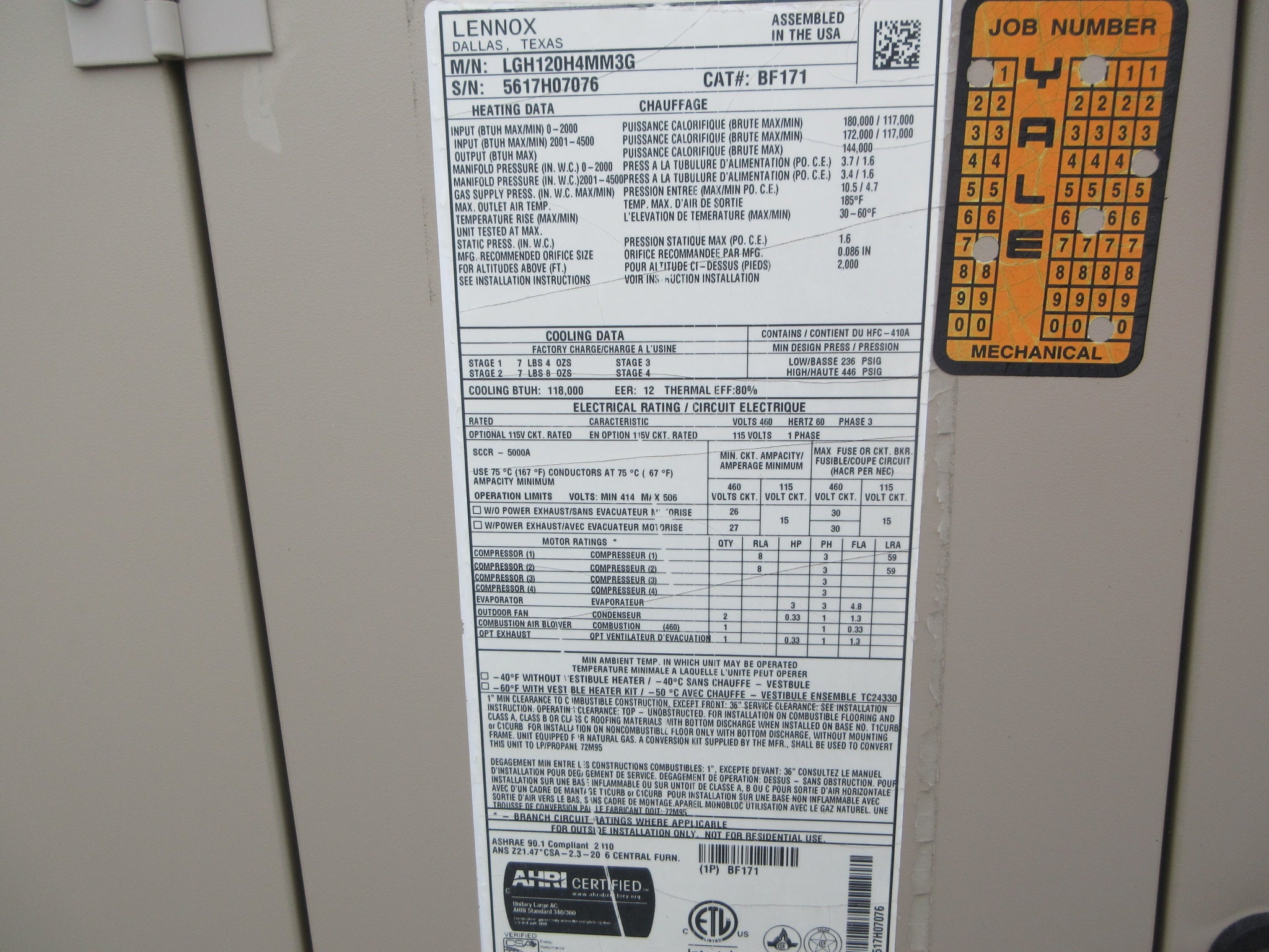 Lennox LGH Rooftop Unit LGH120H4MM3G 10-ton 460V 3Ph Natural Gas Heat Used