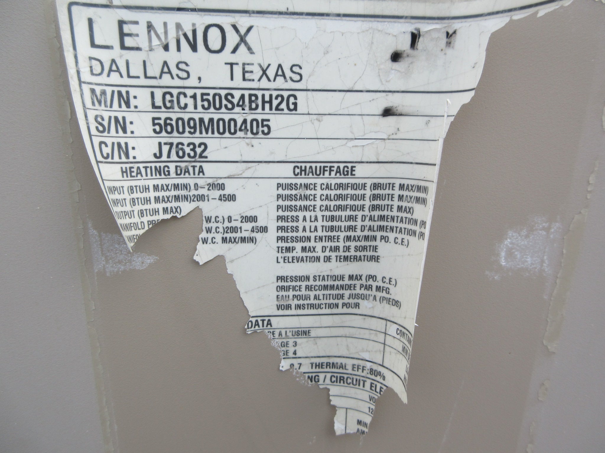 Lennox LGC Rooftop Unit LGC150S4BH2G 12.5-Ton 460V 3Ph Natural Gas Heat Used