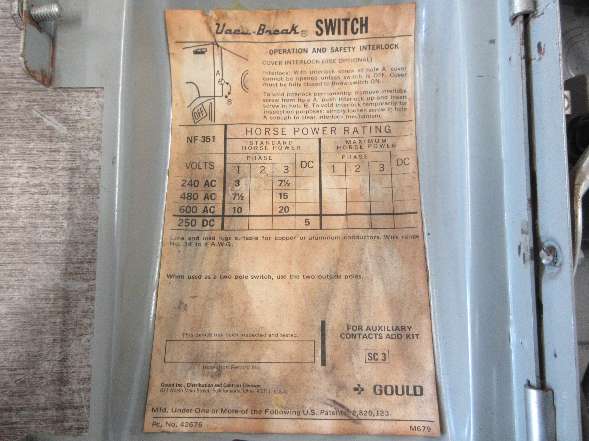 ITE Non-Fusible Safety Switch/Disconnect NF351 30A 600V 3Ph Used