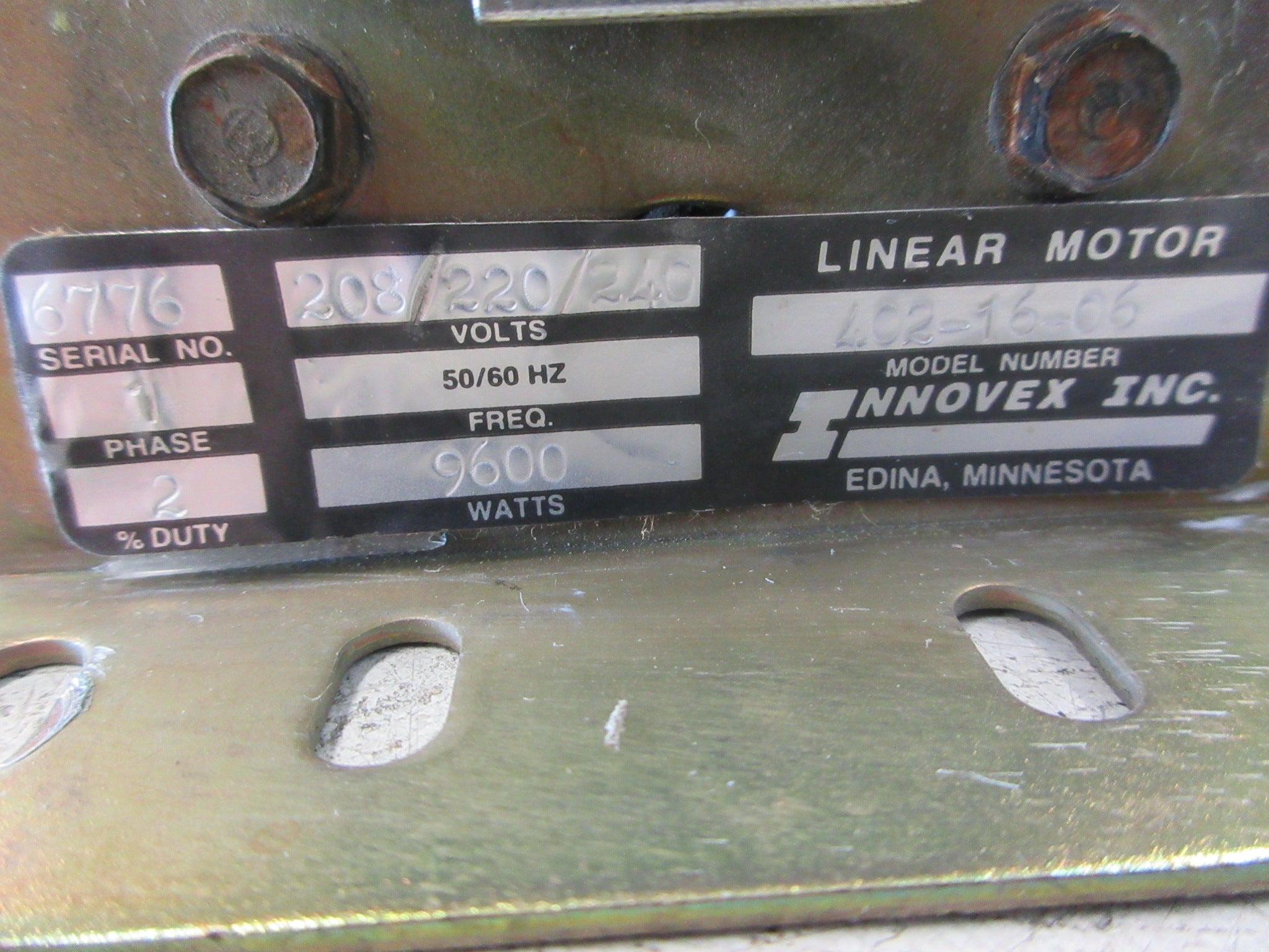 Innovex Linear Motor 402-16-06 9600W 208/220/240V 50/60Hz 1Ph Used