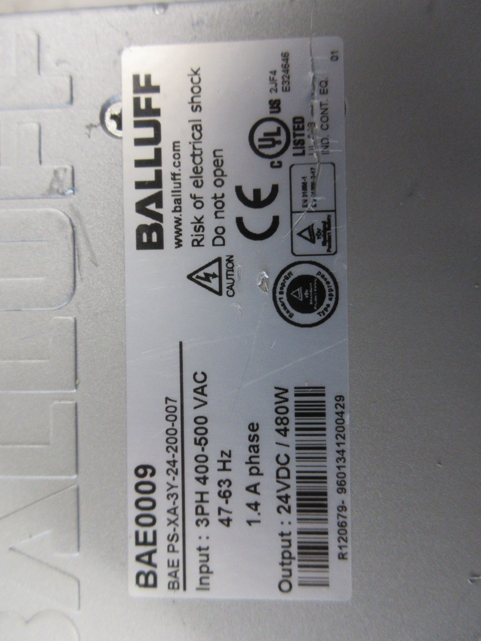 Balluff BAE0009 Power Supply BAE PS-XA-3Y-24-200-007 480W Used
