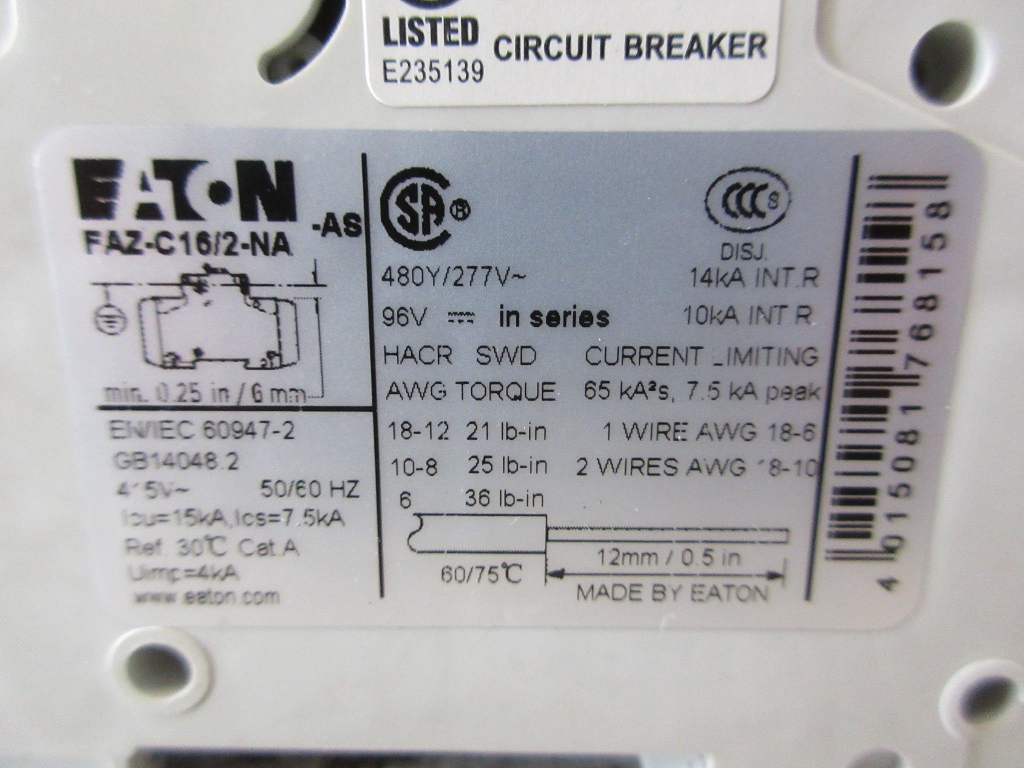 Eaton Circuit Breaker FAZ-C16/2-NA 16A 480Y/277V 2P Used