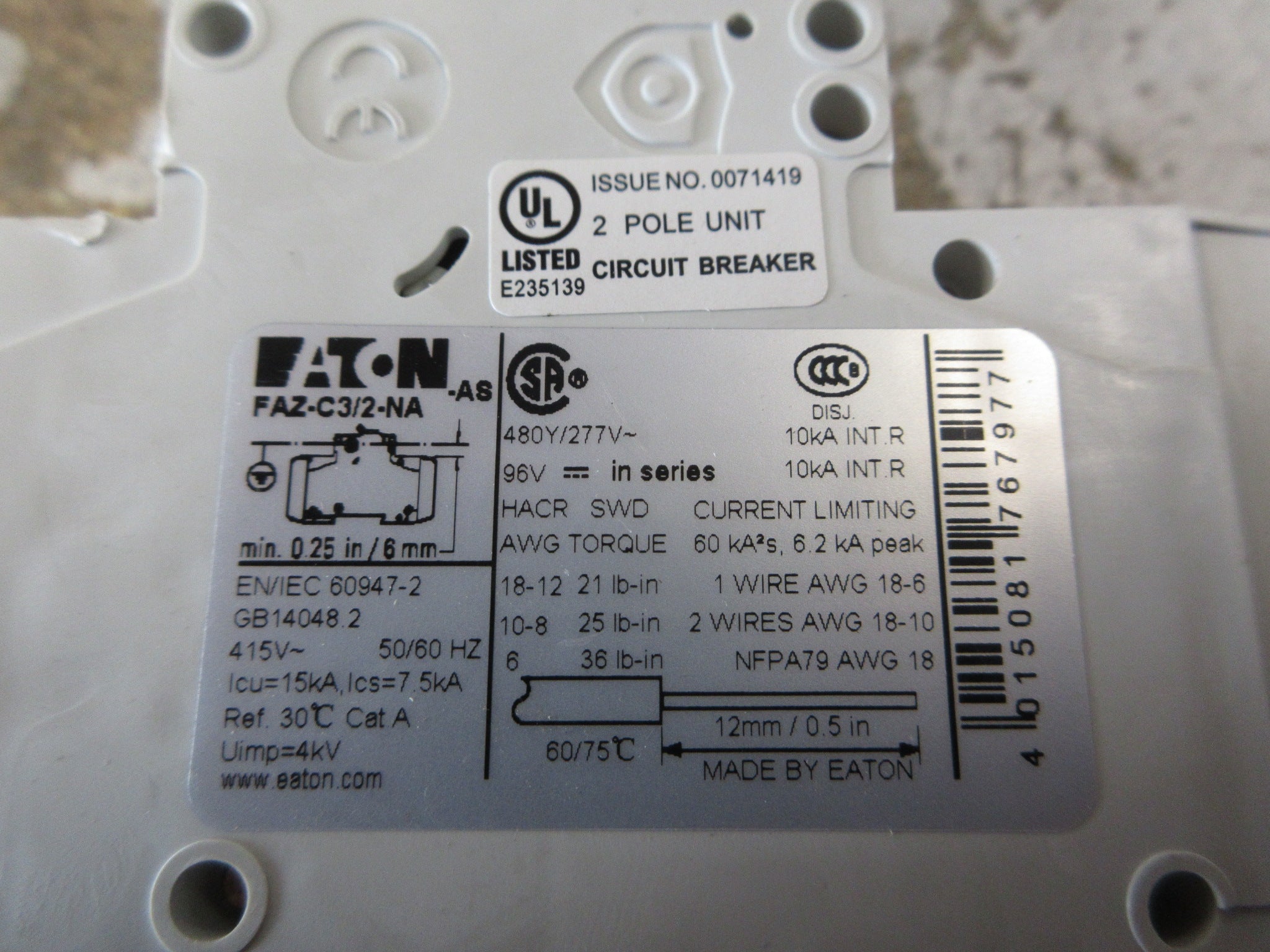 Eaton Circuit Breaker FAZ-C3/2NA 3A 480Y/277V 2P Used