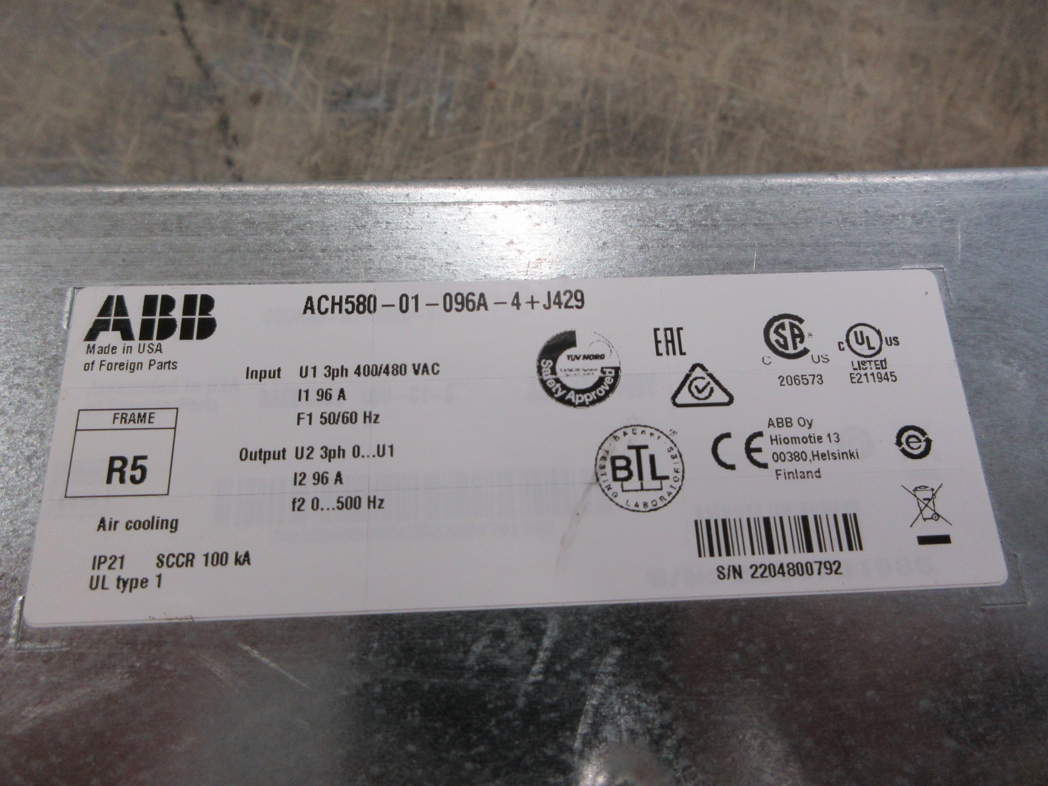 ABB ACH580 AC Drive ACH580-01-096A-4+J429 75HP 3Ph Used