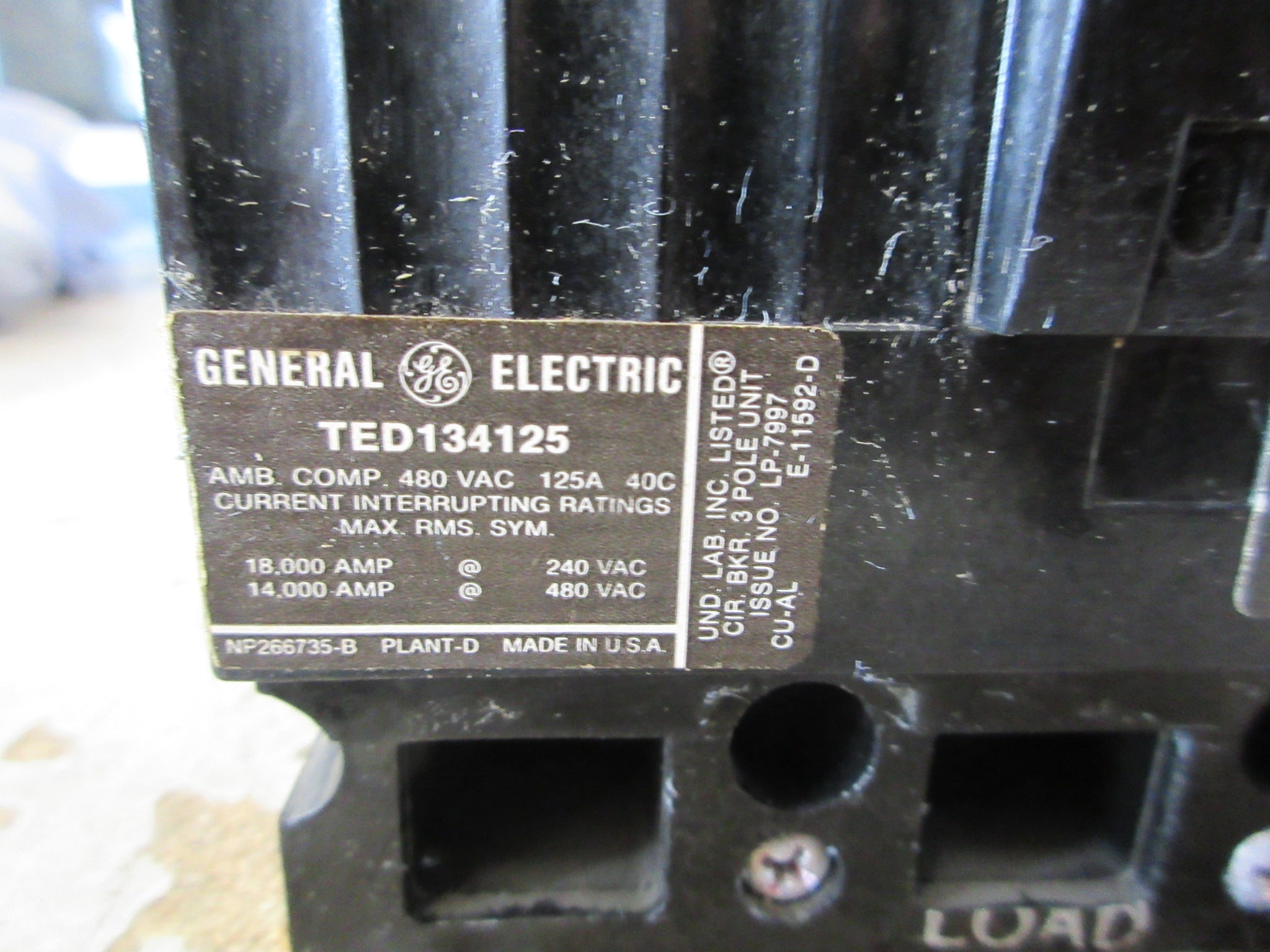 GE Circuit Breaker TED134125 125A 480V 3P Used