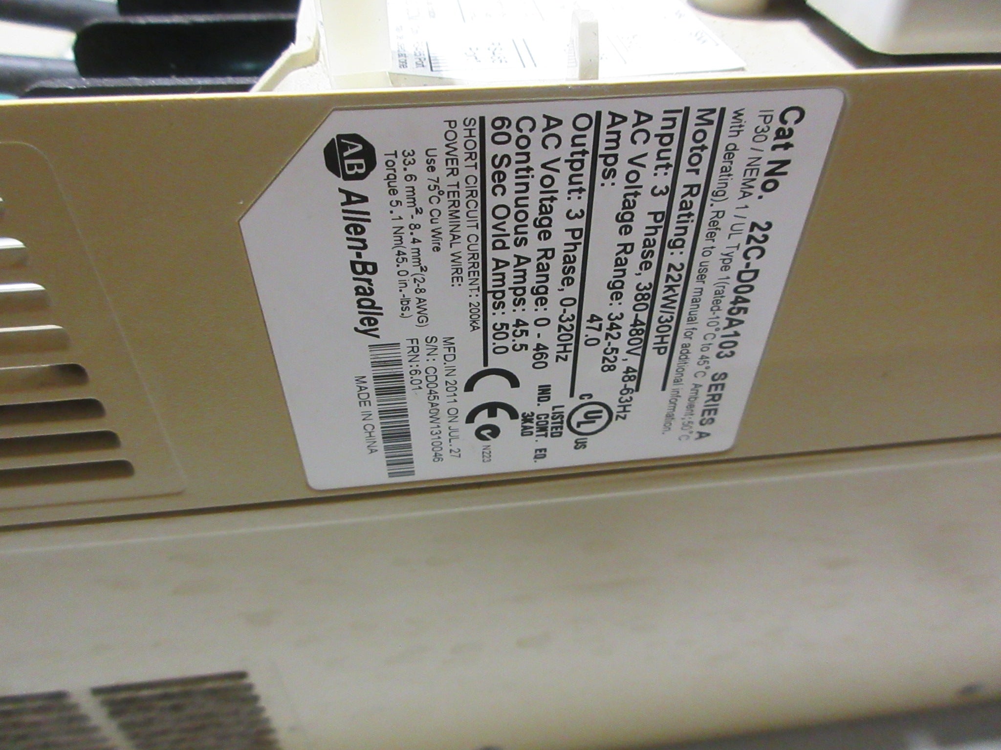 Allen-Bradley PowerFlex 400 AC Drive w/ Bypass 22C-D045A103 30HP 3Ph Used