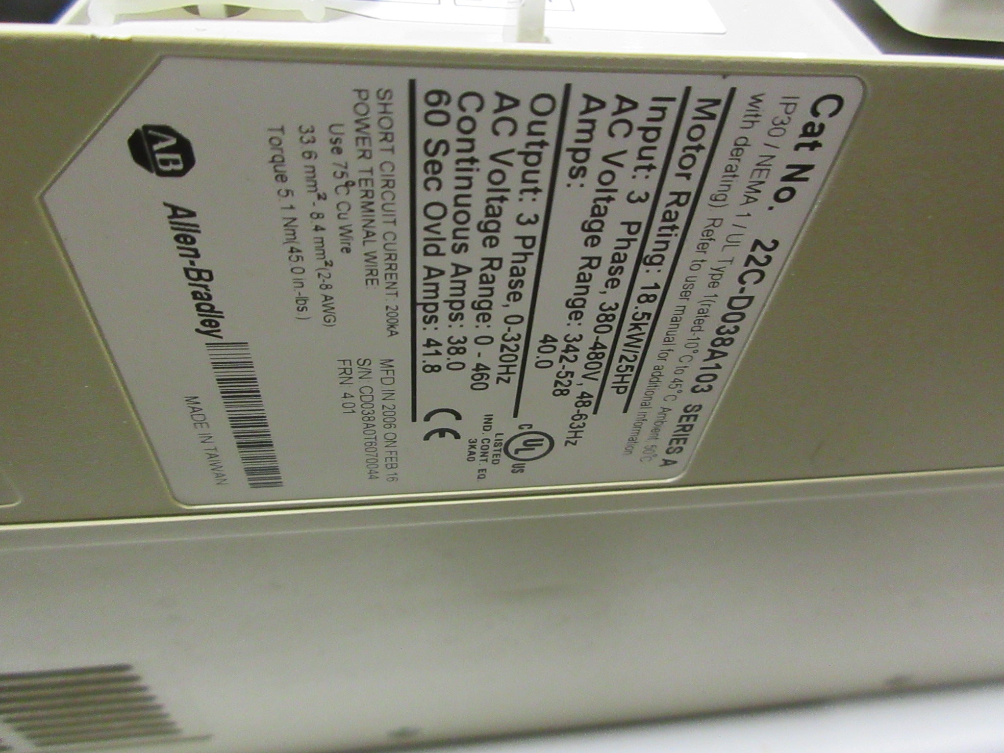 Allen-Bradley PowerFlex 400 AC Drive w/ Bypass 22C-D038A103 Ser. A 25HP 3Ph Used