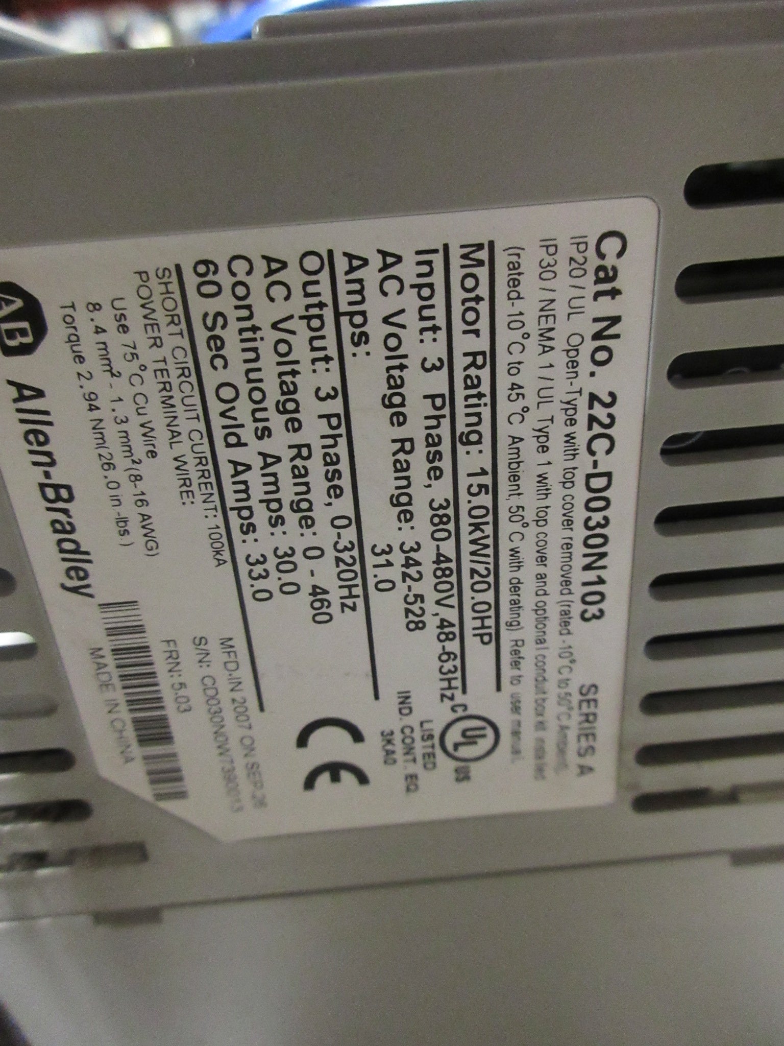 Allen-Bradley PowerFlex 400 AC Drive w/ Bypass 22C-D030N103 20HP 3Ph *No Cover*