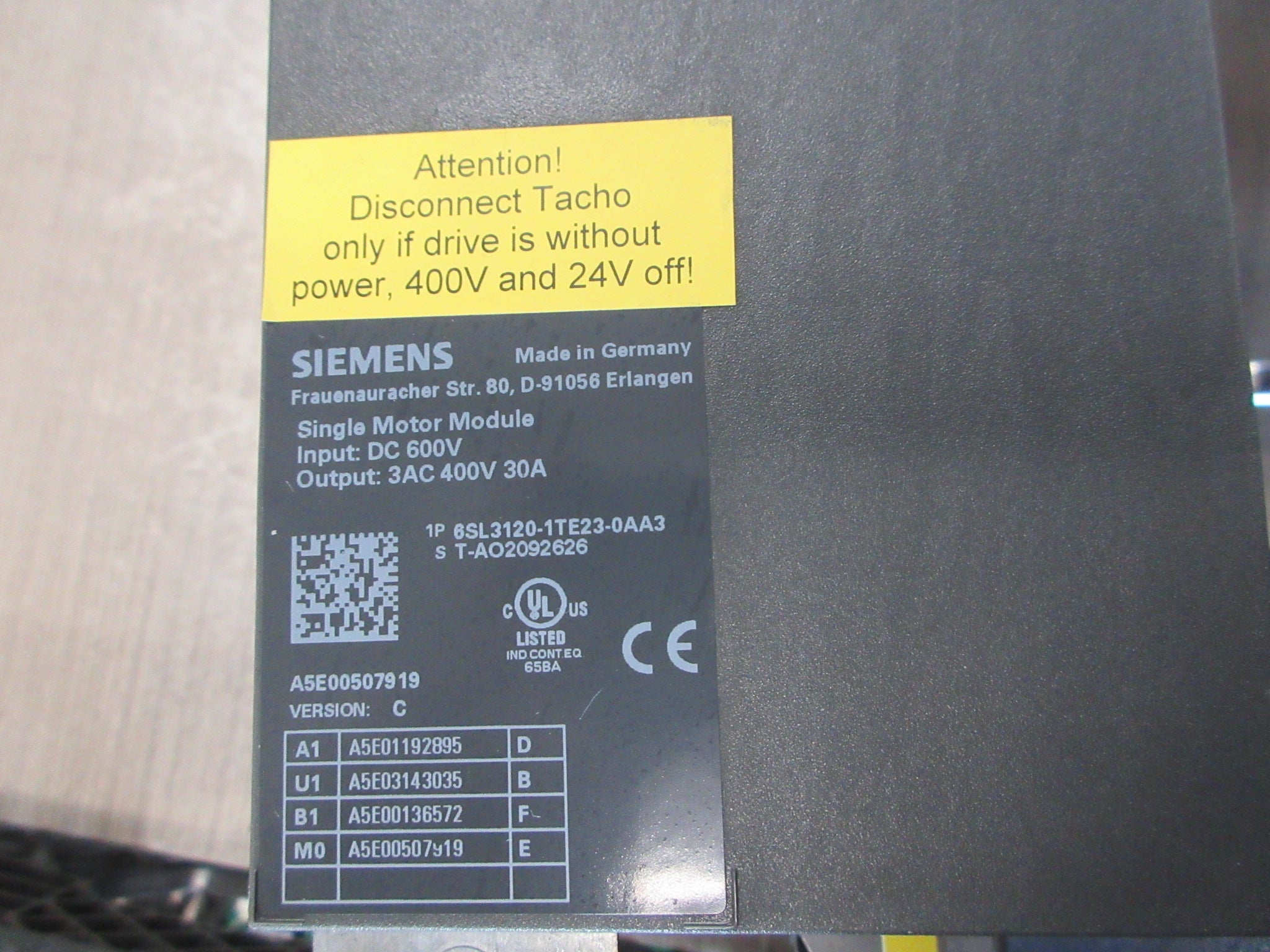 Siemens Single Motor Module 6SL3120-1TE23-0AA3 Ver.C Input: 600VDC Used
