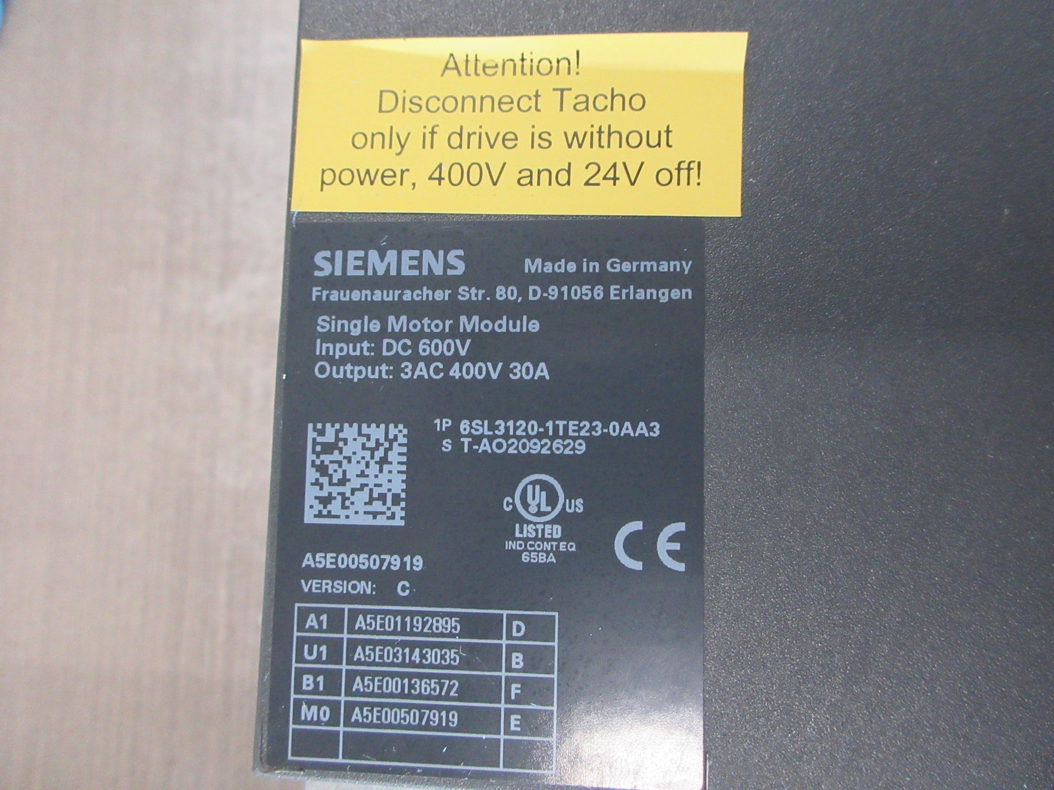 Siemens Single Motor Module 6SL3120-1TE23-0AA3 Ver.C Input: 600VDC Used
