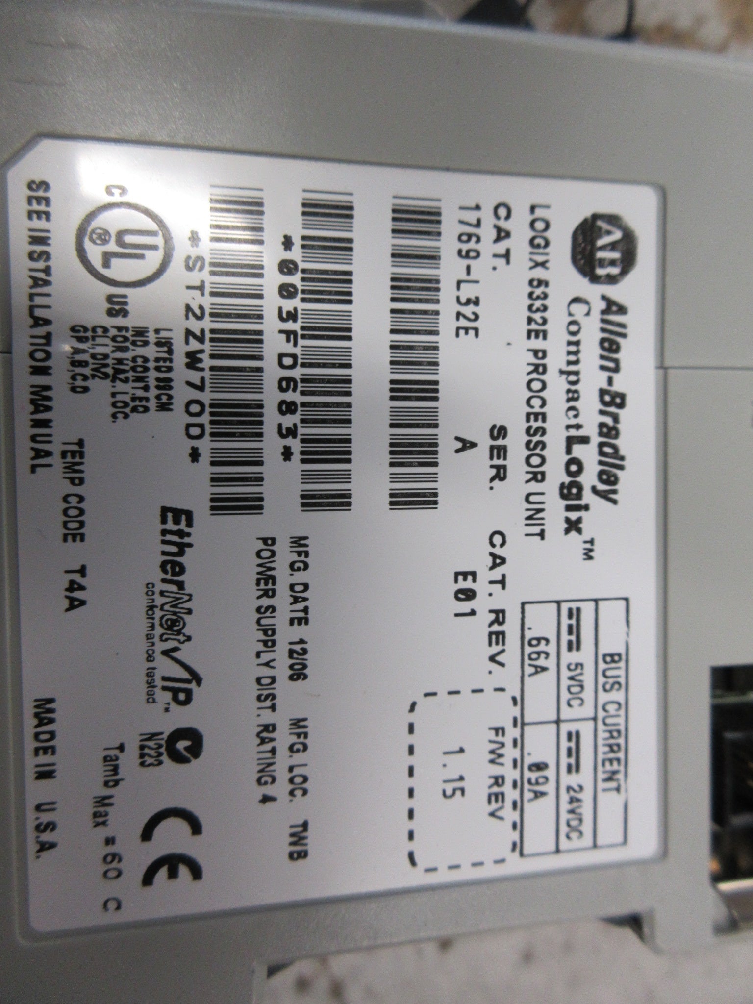 Allen-Bradley CompactLogix Logix 5332E Processor Unit 1769-L32E Ser. A Used