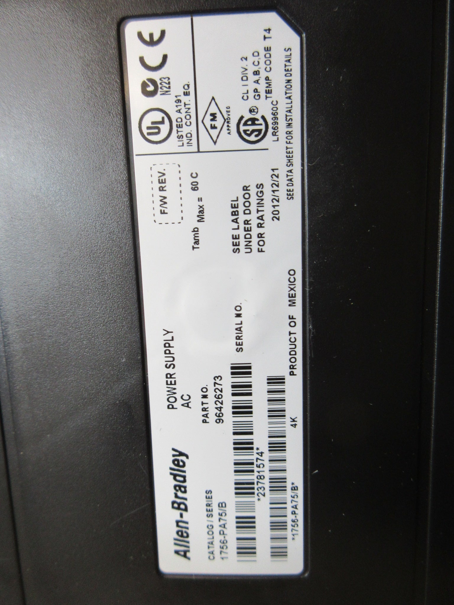 Allen-Bradley ControlLogix Chassis W/Power Supply 1756-A10 / 1756PA75 Used