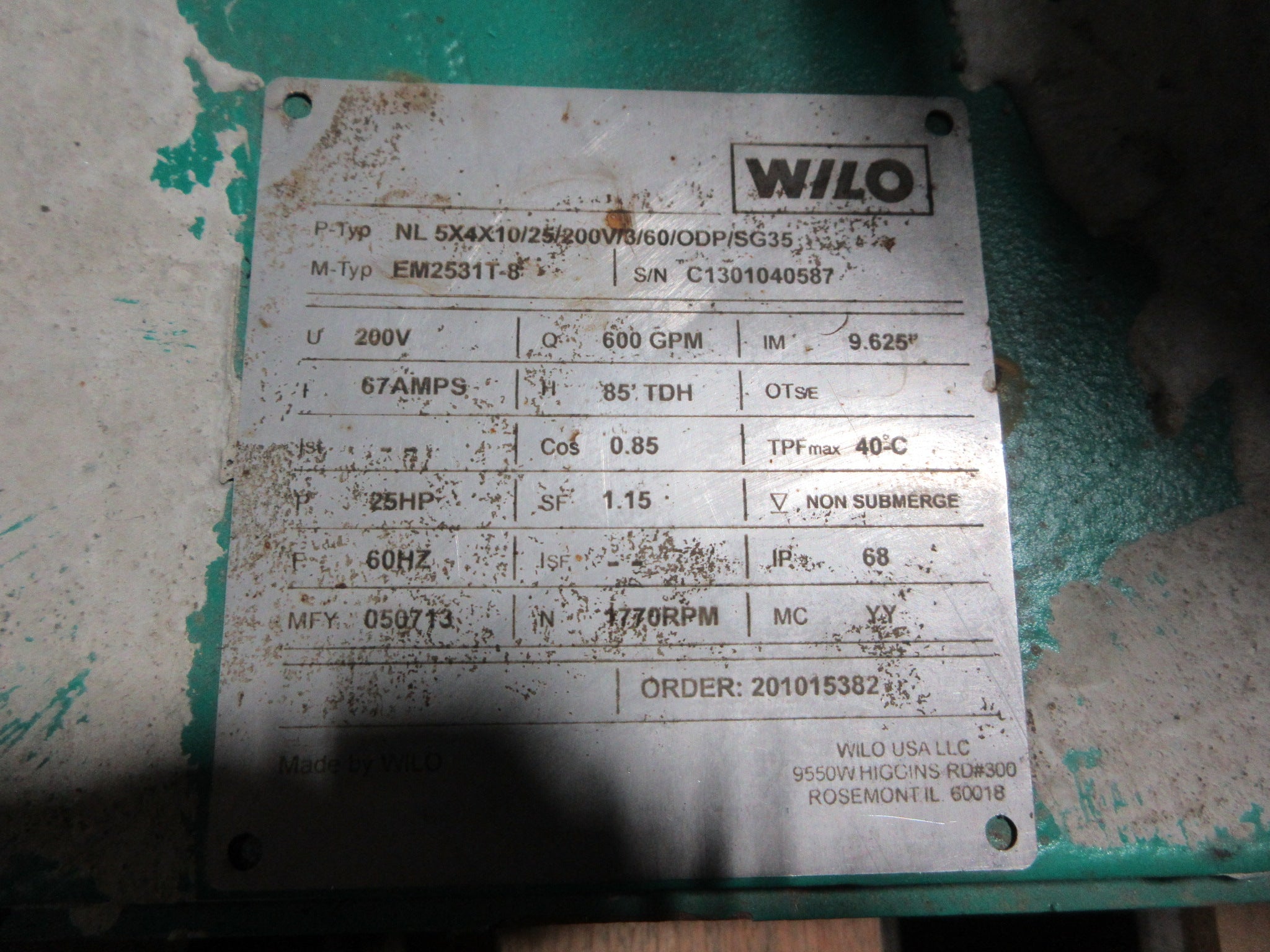 Wilo Pump NL 5X4X10/25/200V/3/60/ODP/SG35 25HP 1770RPM 85 FT Head 600GPM Used