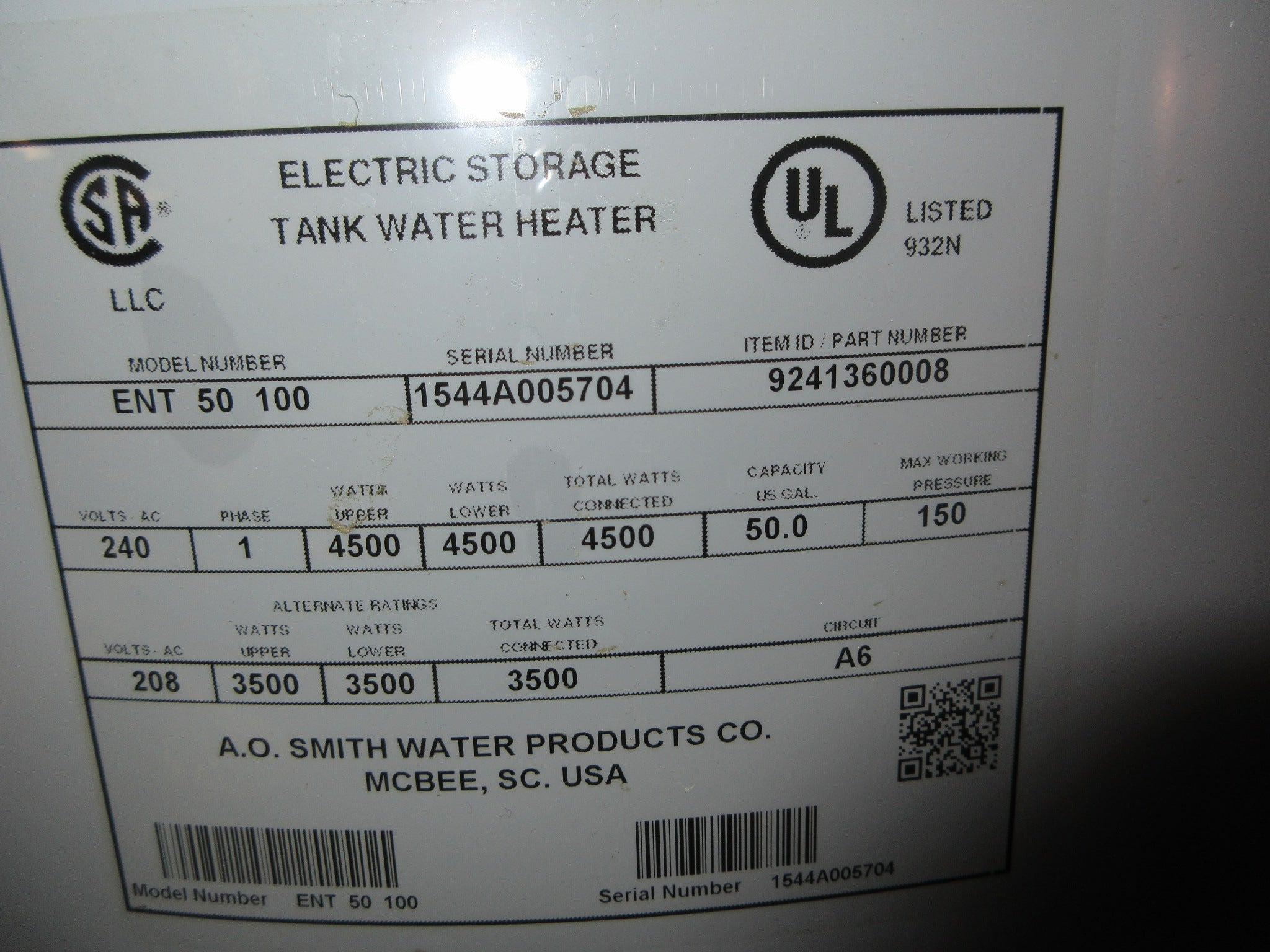 A.O. Smith ENT 50 100 Electric Tank Water Heater 9241360008 208/240V 1Ph Used