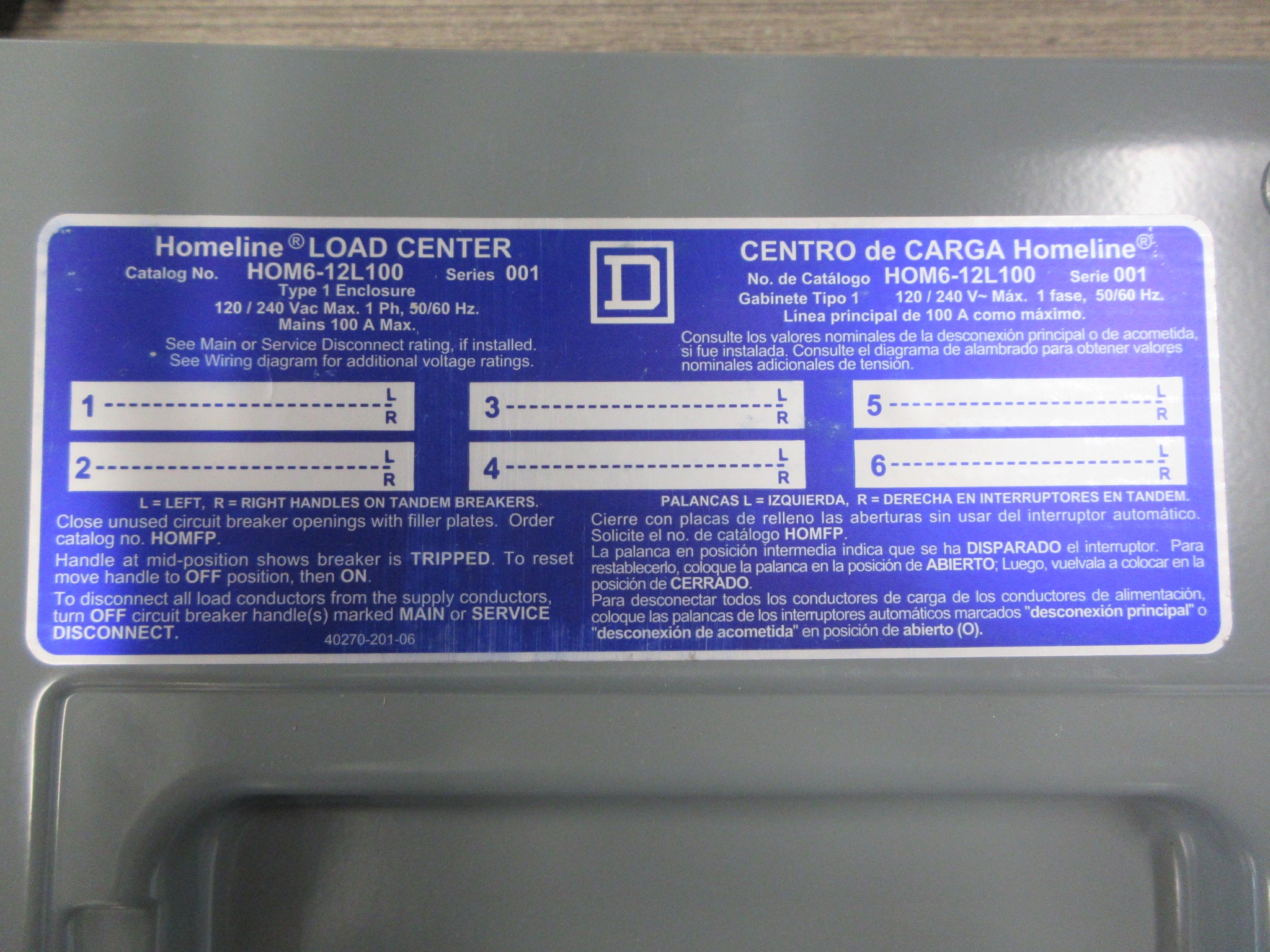 Square D Main Lug Circuit Breaker Panel HOM6-12L100 120/240V New Surplus