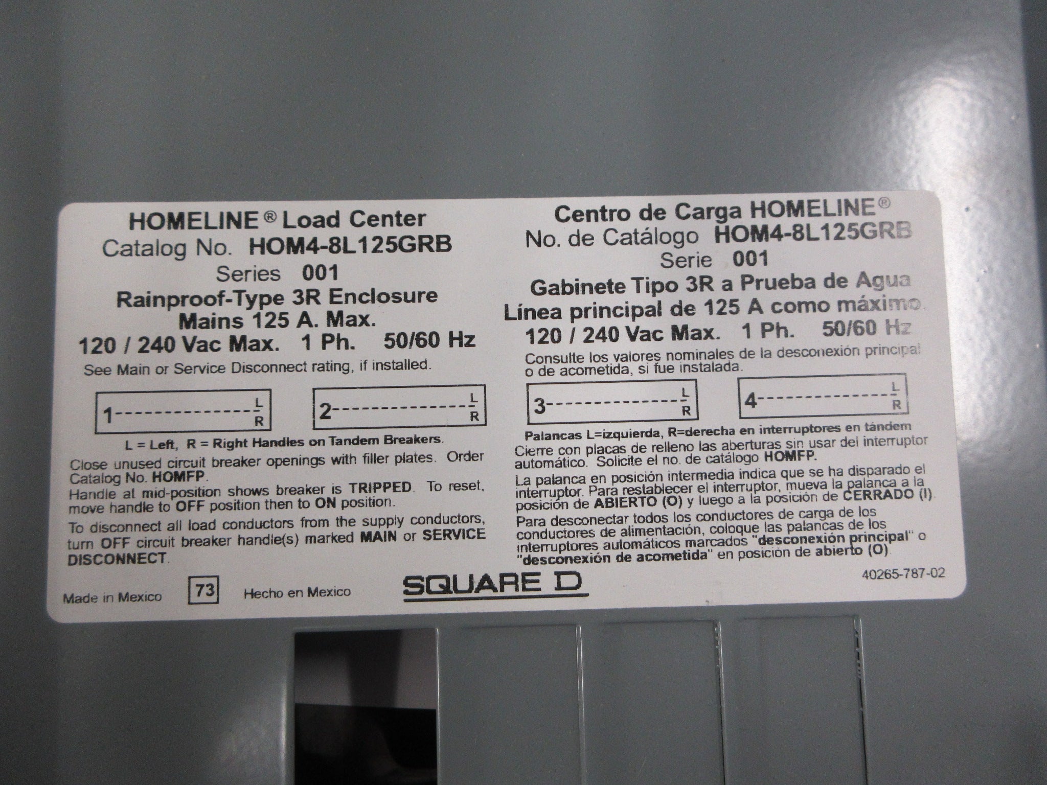 Square D Main Lug Circuit Breaker Panel HOM4-8L125GRB 120/240V Max New Surplus