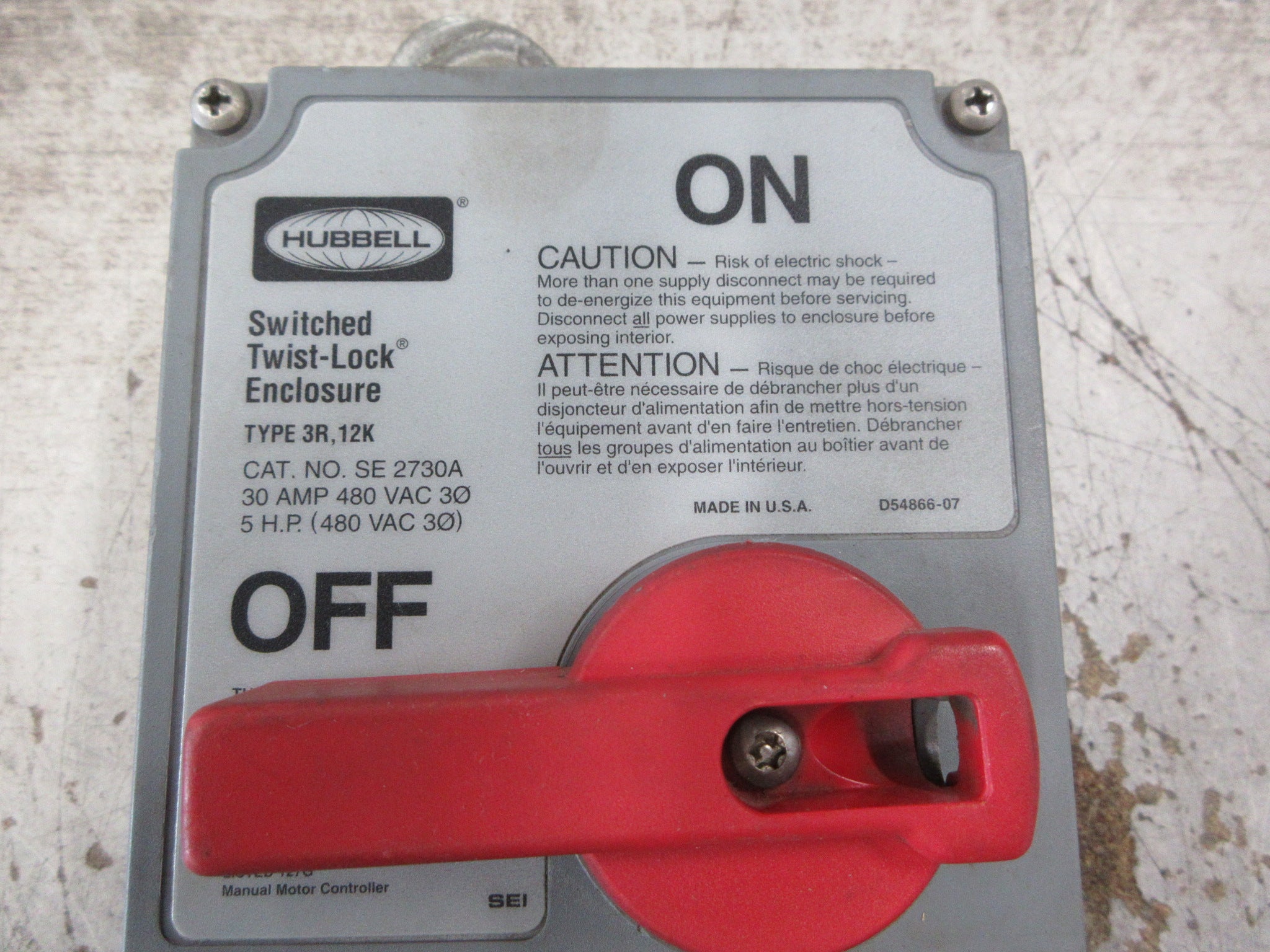 Hubbell 3R , 12K Switched Twist-Lock Enclosure SE 2730A 30A 480V 3Ph Used