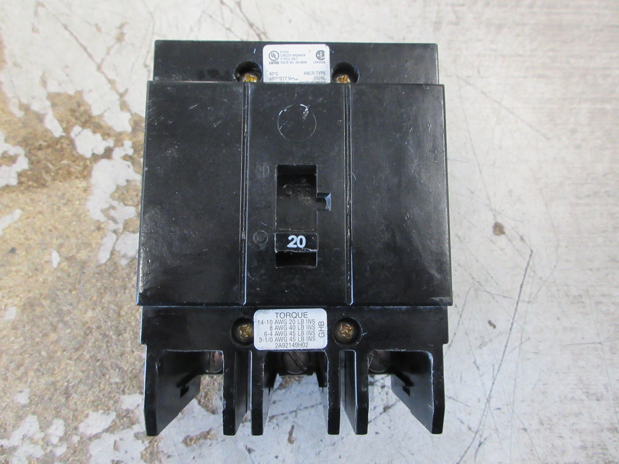 Eaton Bolt-On Circuit Breaker GHB3020 20A 240/277/480V 3P Used