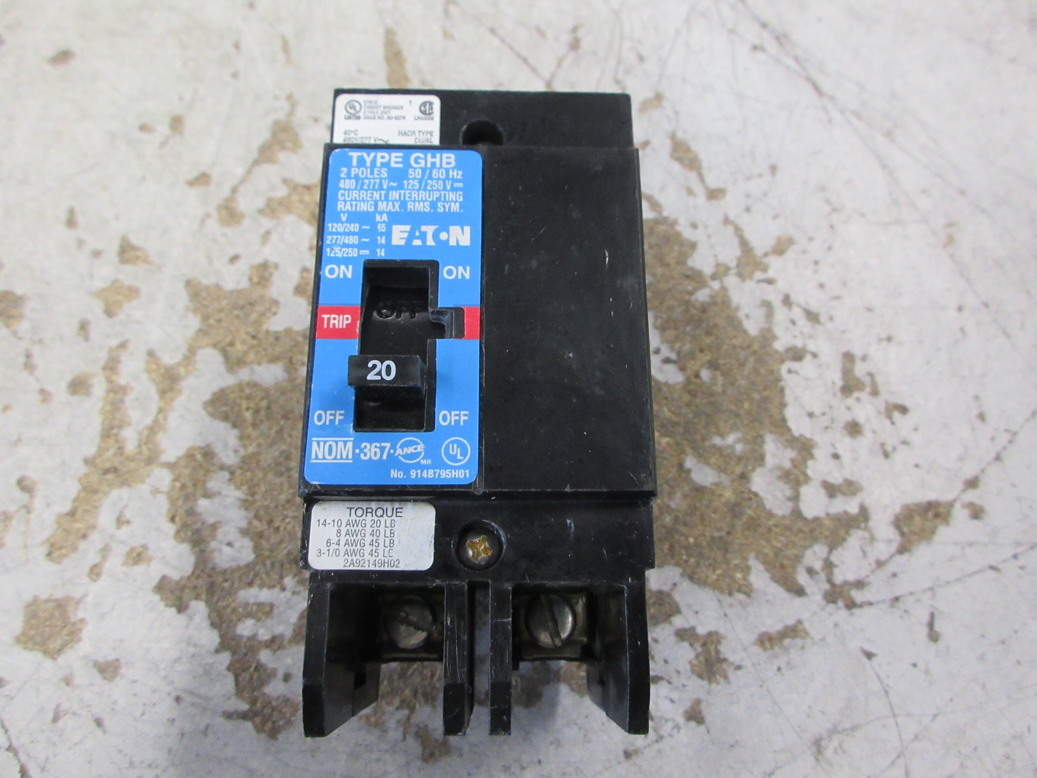 Eaton Bolt-On Circuit Breaker GHB2020 20A 240/277/480V 2P Used