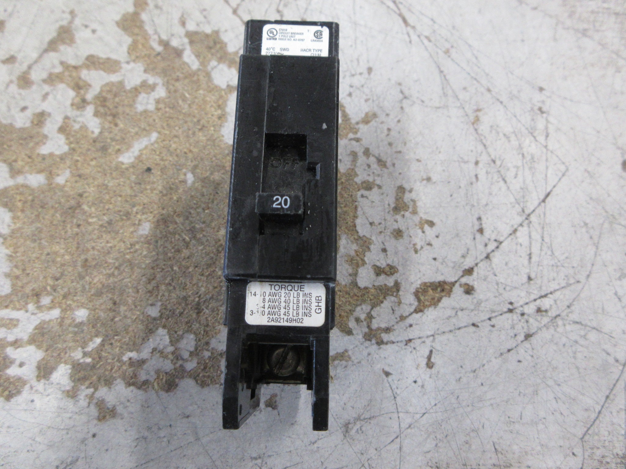 Cutler-Hammer Bolt-On Circuit Breaker GHB1020 20A 120/277V 1P Used