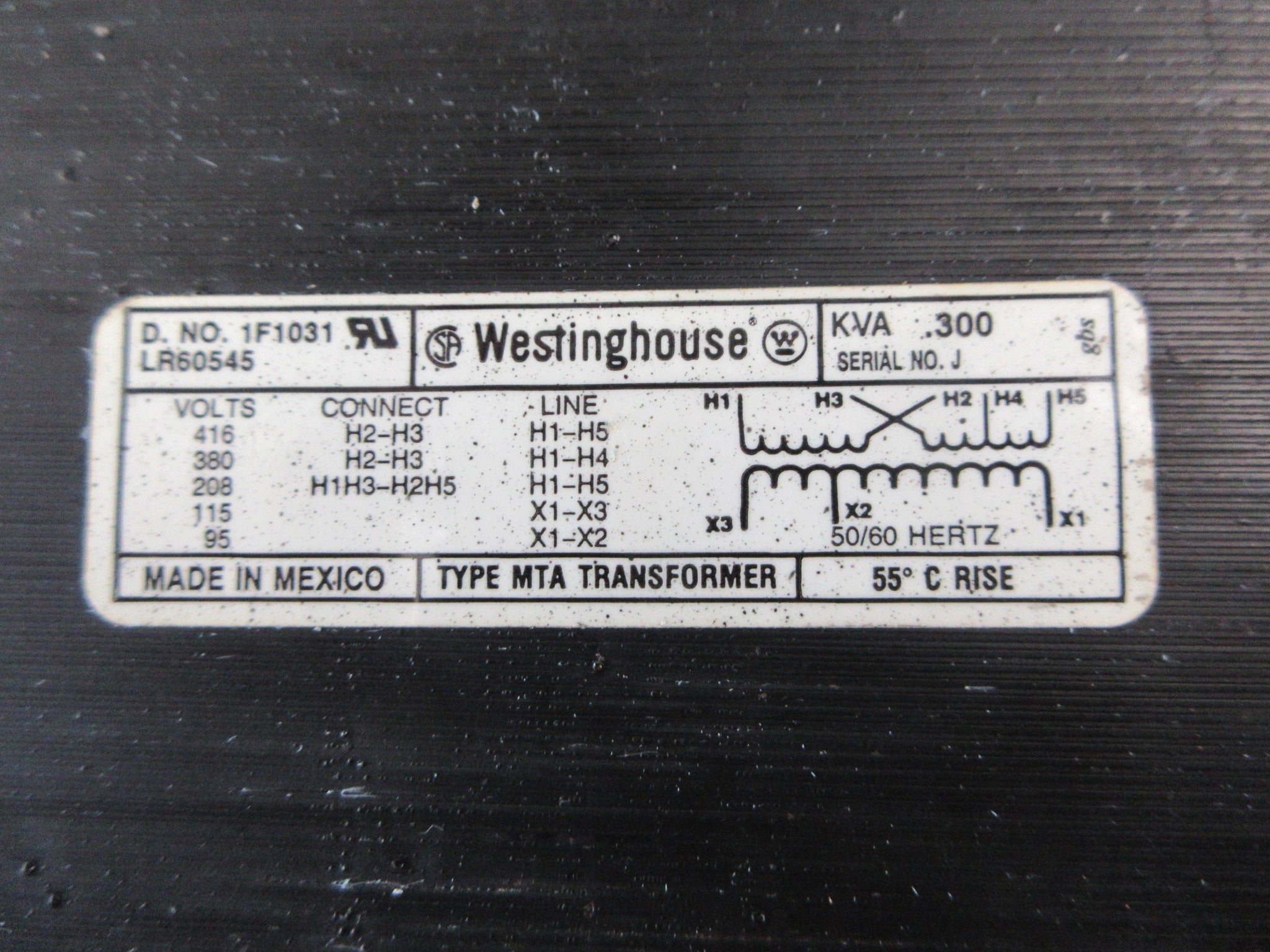 Westinghouse Type MTA Transformer 1F1031 0.300KVA Pri: 2085/380/416V Used