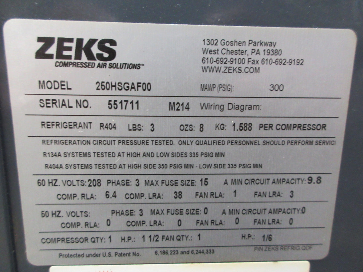 Zeks HeatSink True-Cycling Refrigerated Air Dryer 250HSGAF00 208V 3Ph 60Hz Used