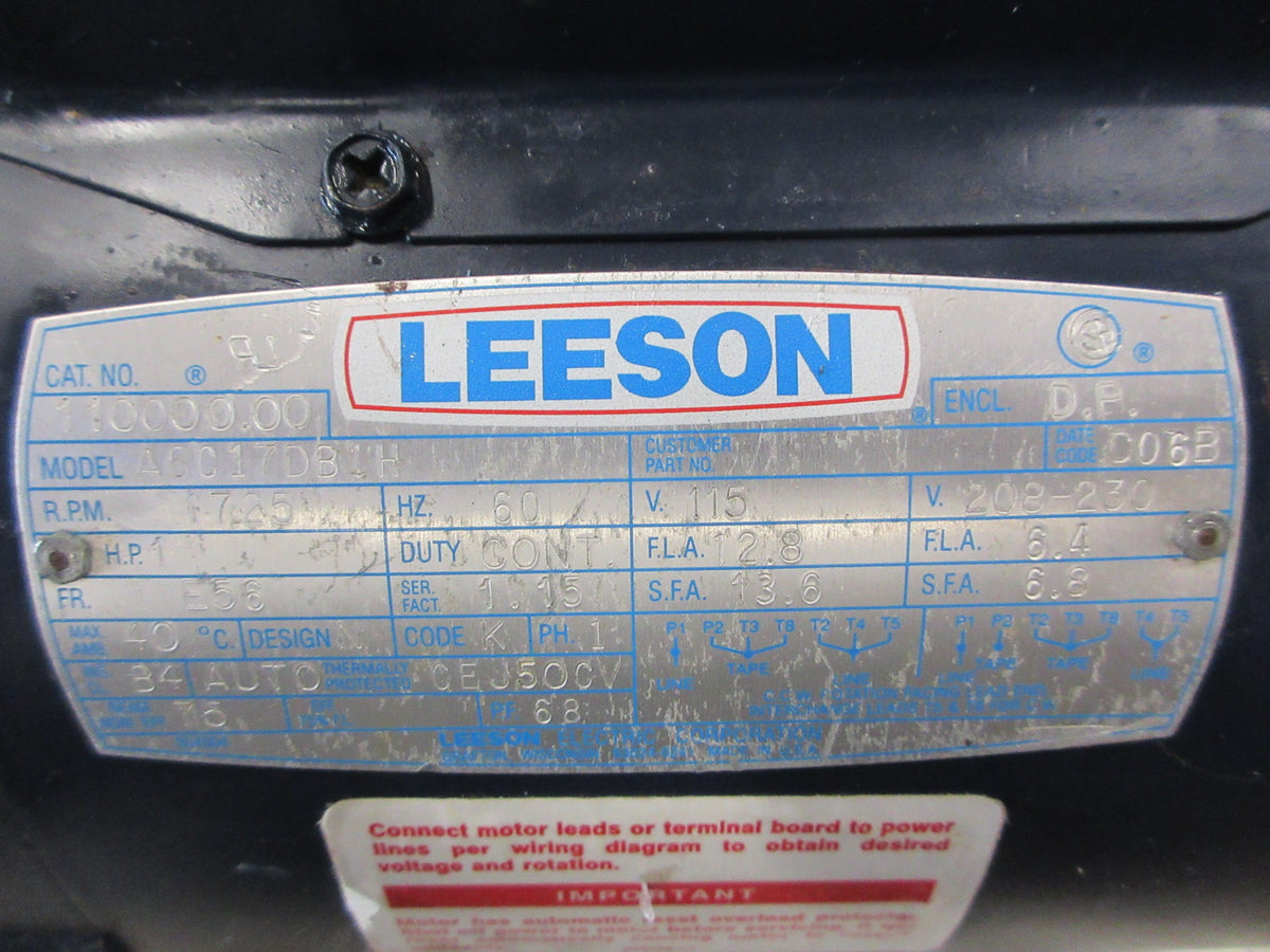 Leeson Motor A6C17DB1H 1HP 115V 1725 RPM FR: E56 ENCL: D.P Used