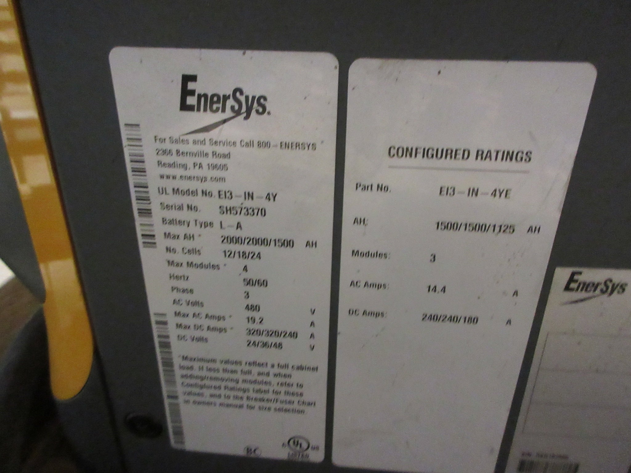 Enersys Battery Charger EI3-IN-4Y 1500AH Input: 480VAC Output: 24/36/48VDC Used