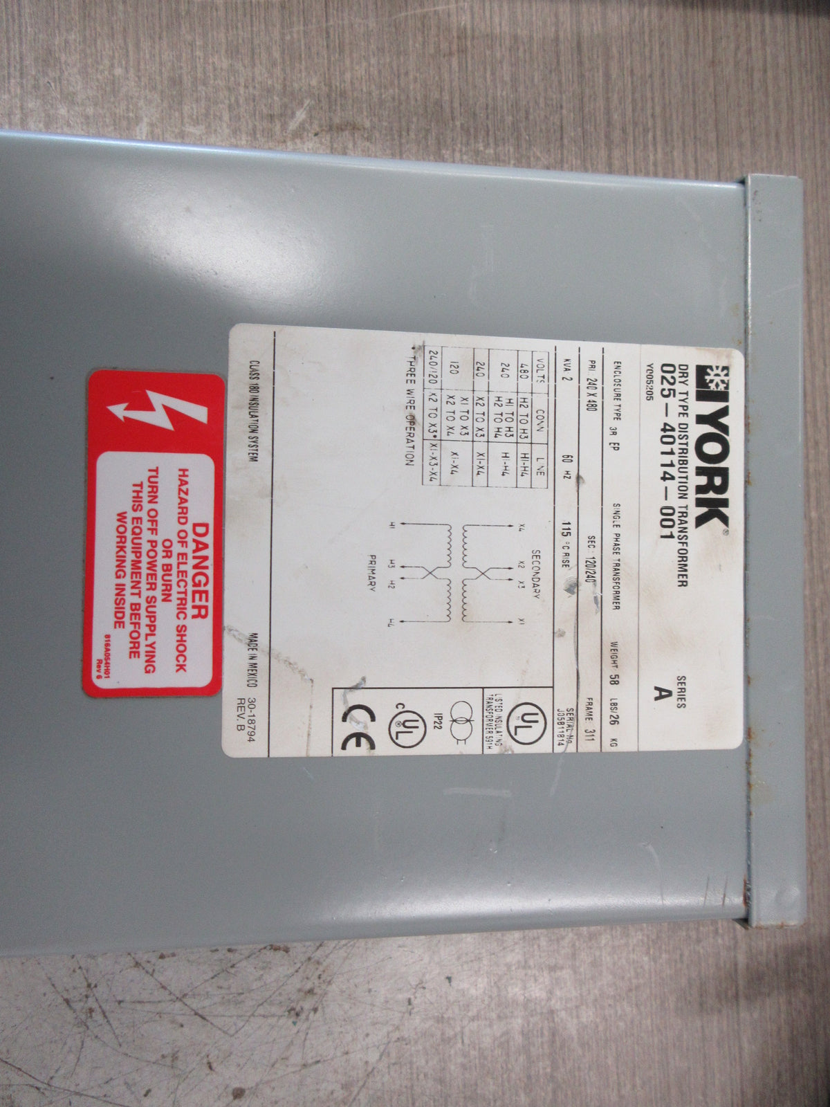 York 3R Distribution Transformer 025-40114-001 Ser. A 2KVA Pri: 240/480V Used