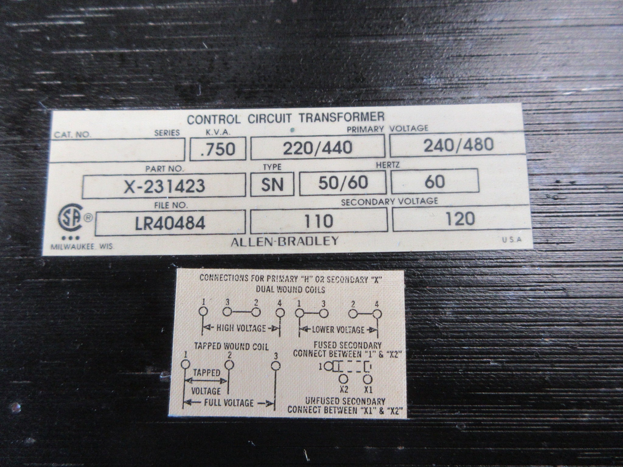 Allen-Bradley Control Transformer X-231423 0.750KVA Pri: 240/480V Sec: 120V Used